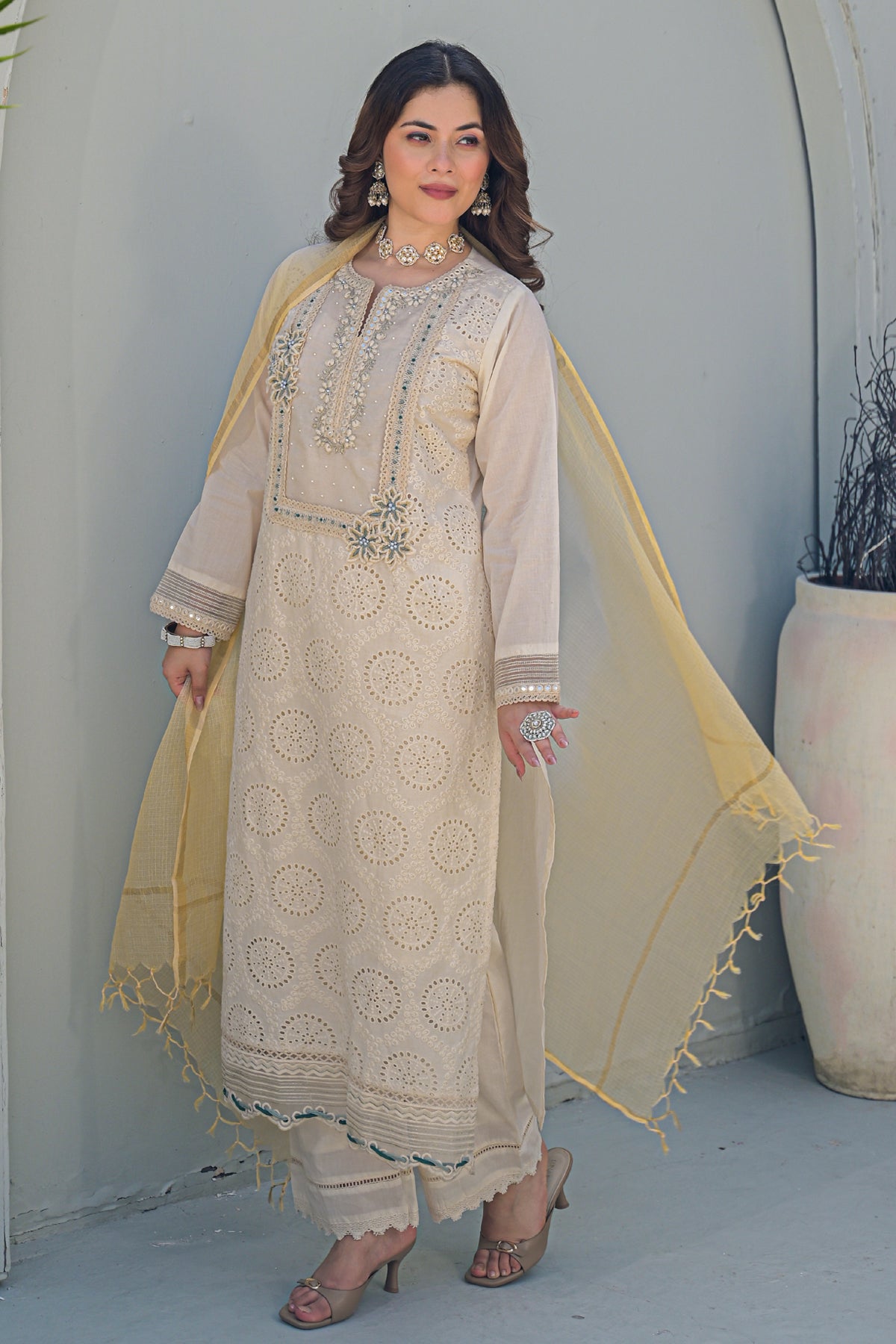 Off White Cotton Embroidered Suit Set