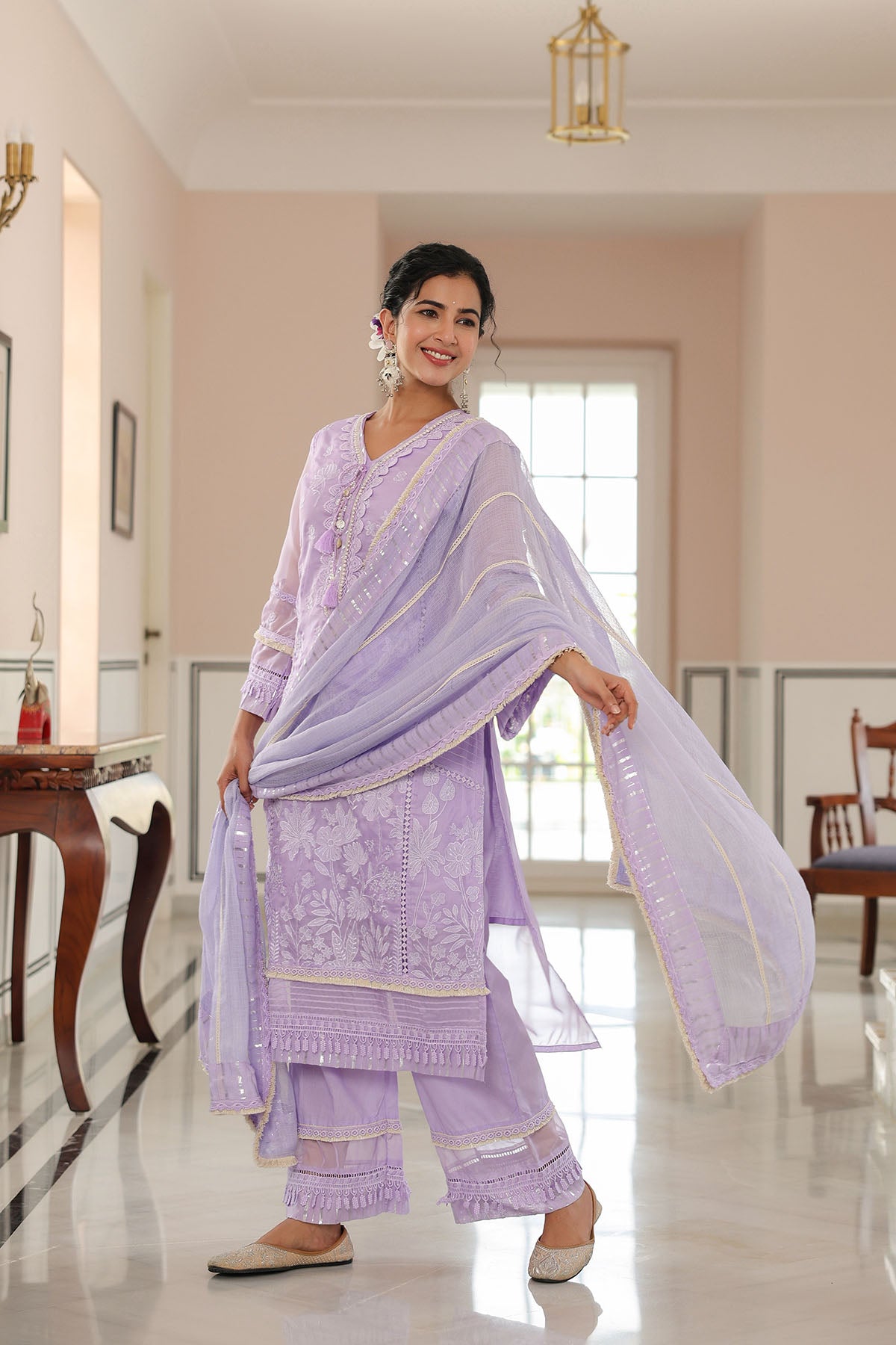 Lavender Organza Embroidered Straight Suit