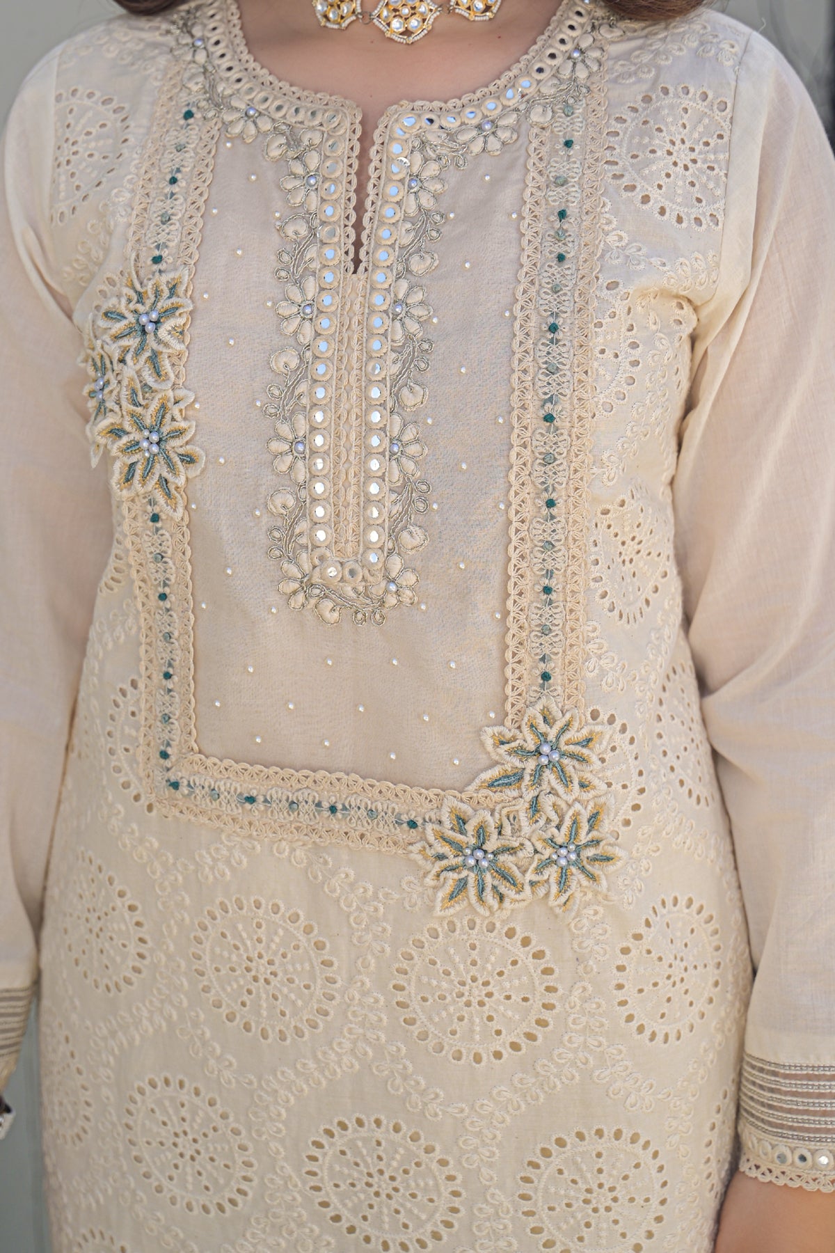 Off White Cotton Embroidered Suit Set