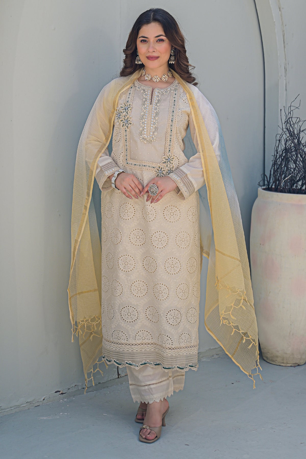 Off White Cotton Embroidered Suit Set