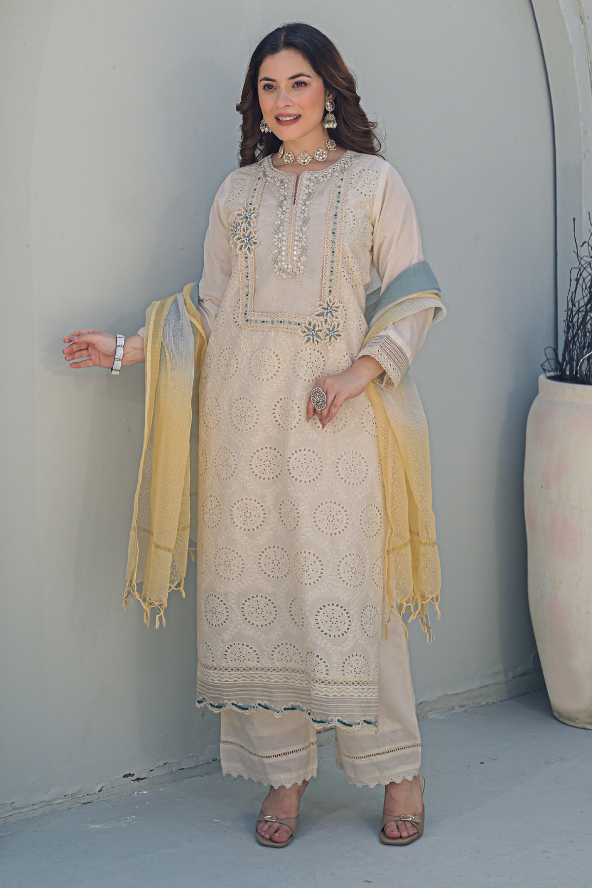 Off White Cotton Embroidered Suit Set