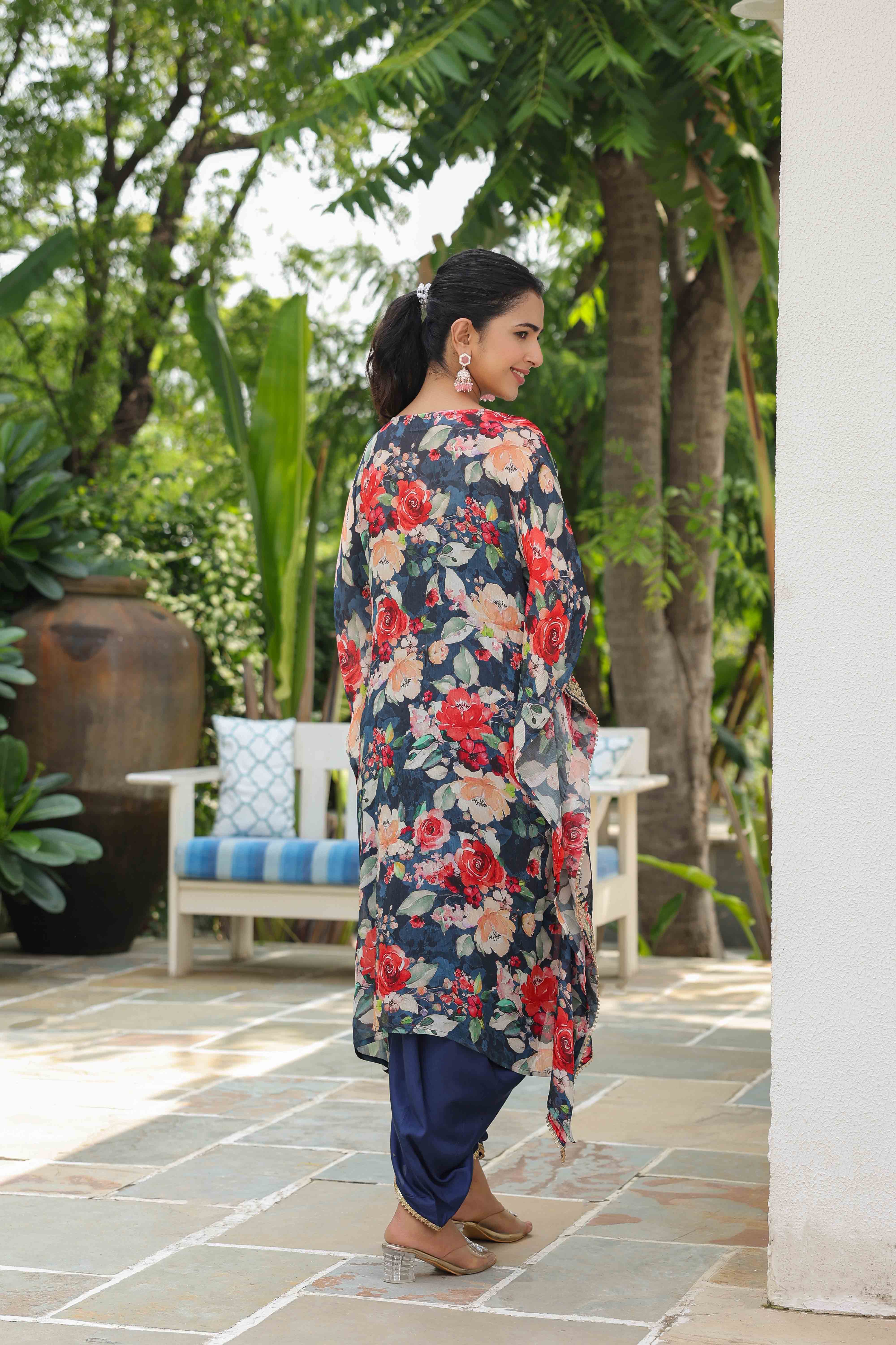 Blue Chinon Embroidered Sharara Set With Potli Bag