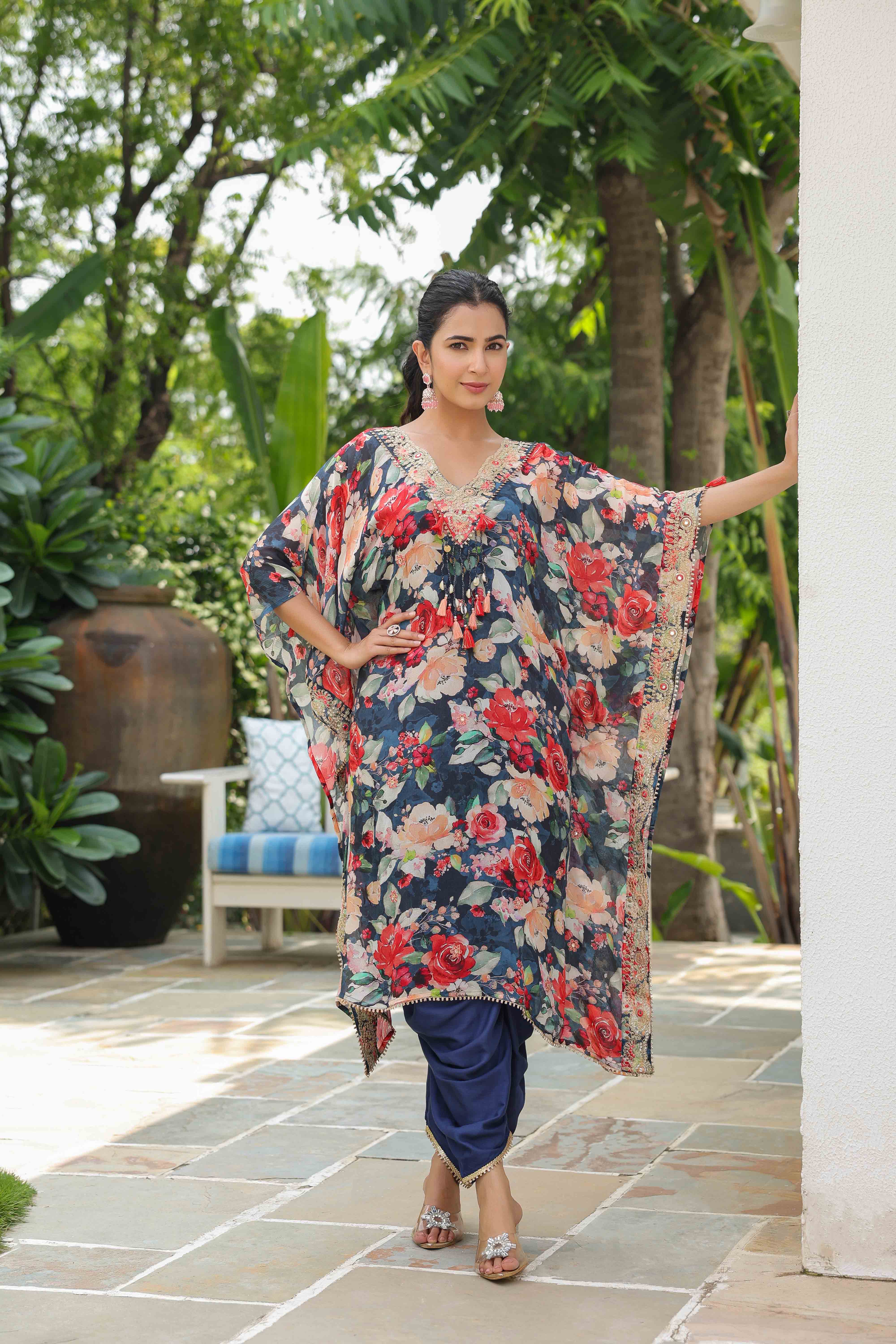 Blue Chinon Embroidered Sharara Set With Potli Bag