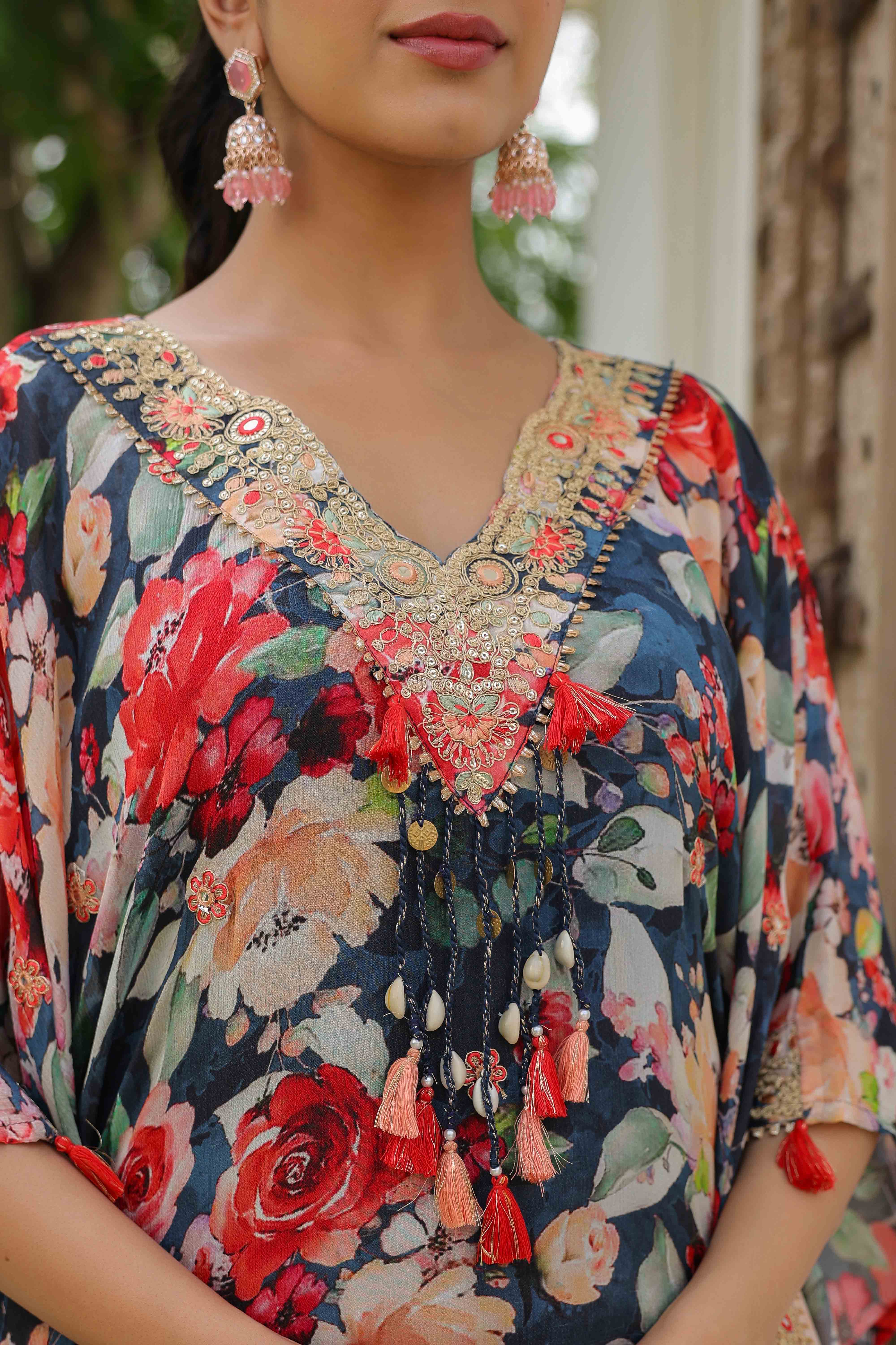 Blue Chinon Embroidered Sharara Set With Potli Bag