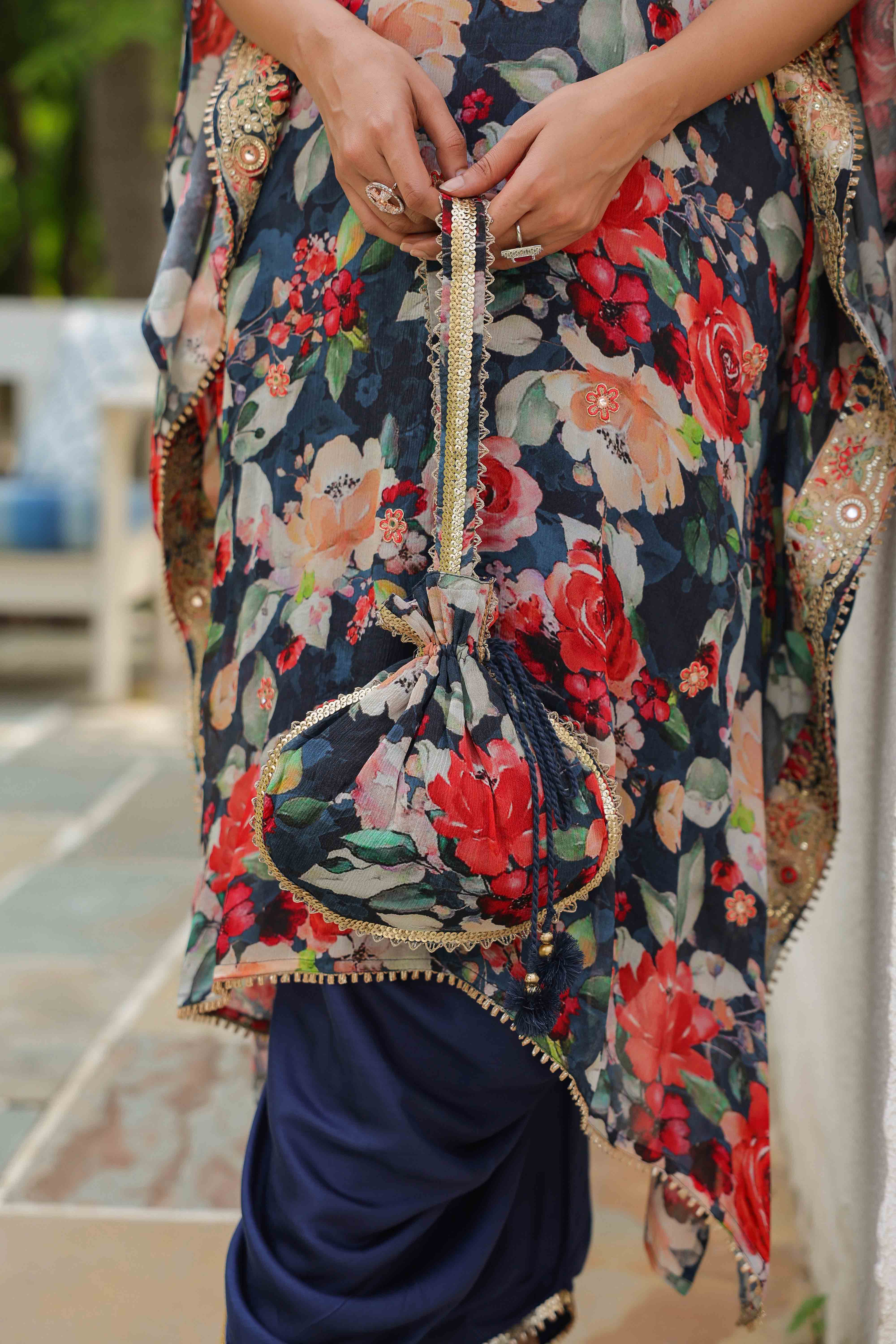 Blue Chinon Embroidered Sharara Set With Potli Bag
