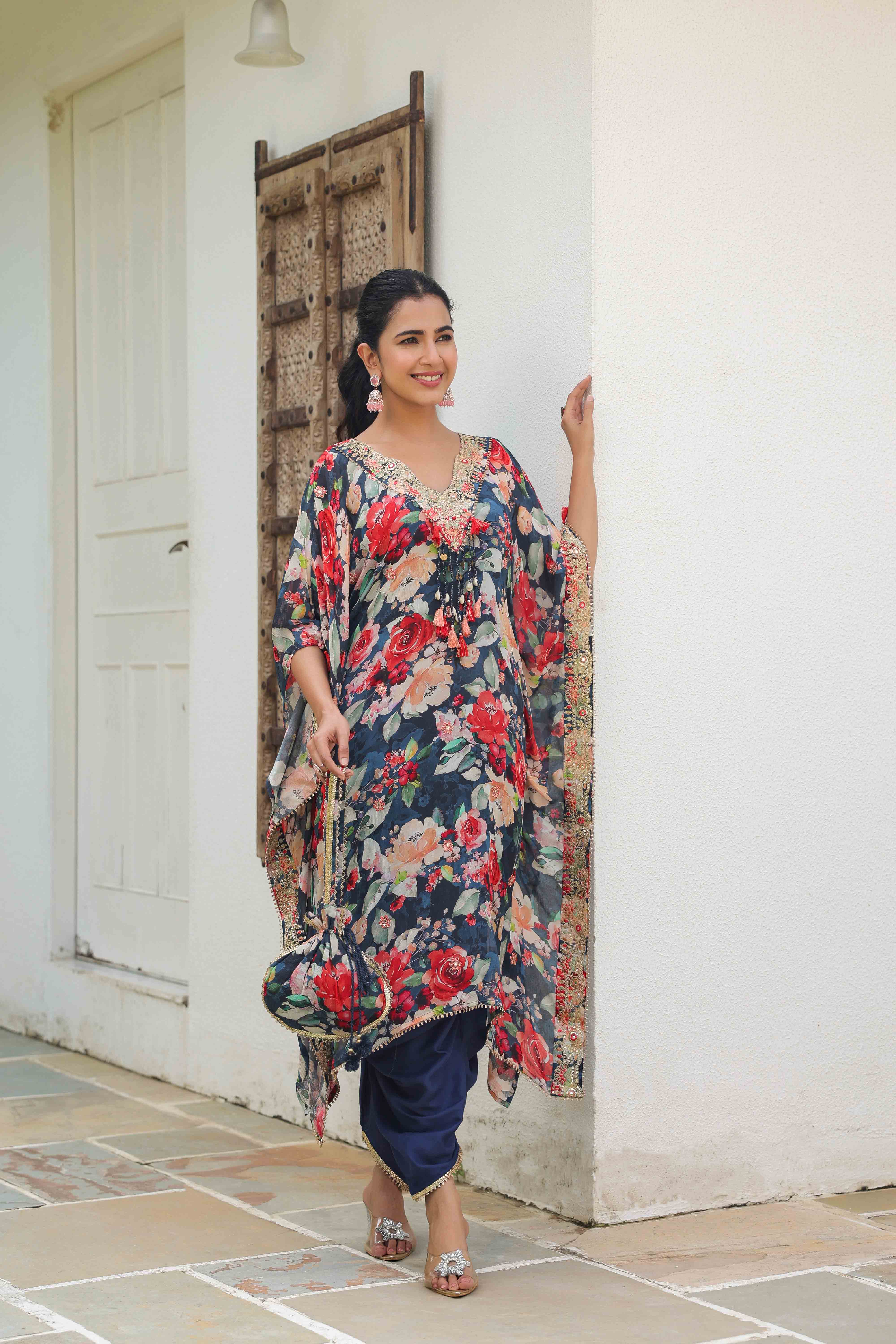 Blue Chinon Embroidered Sharara Set With Potli Bag