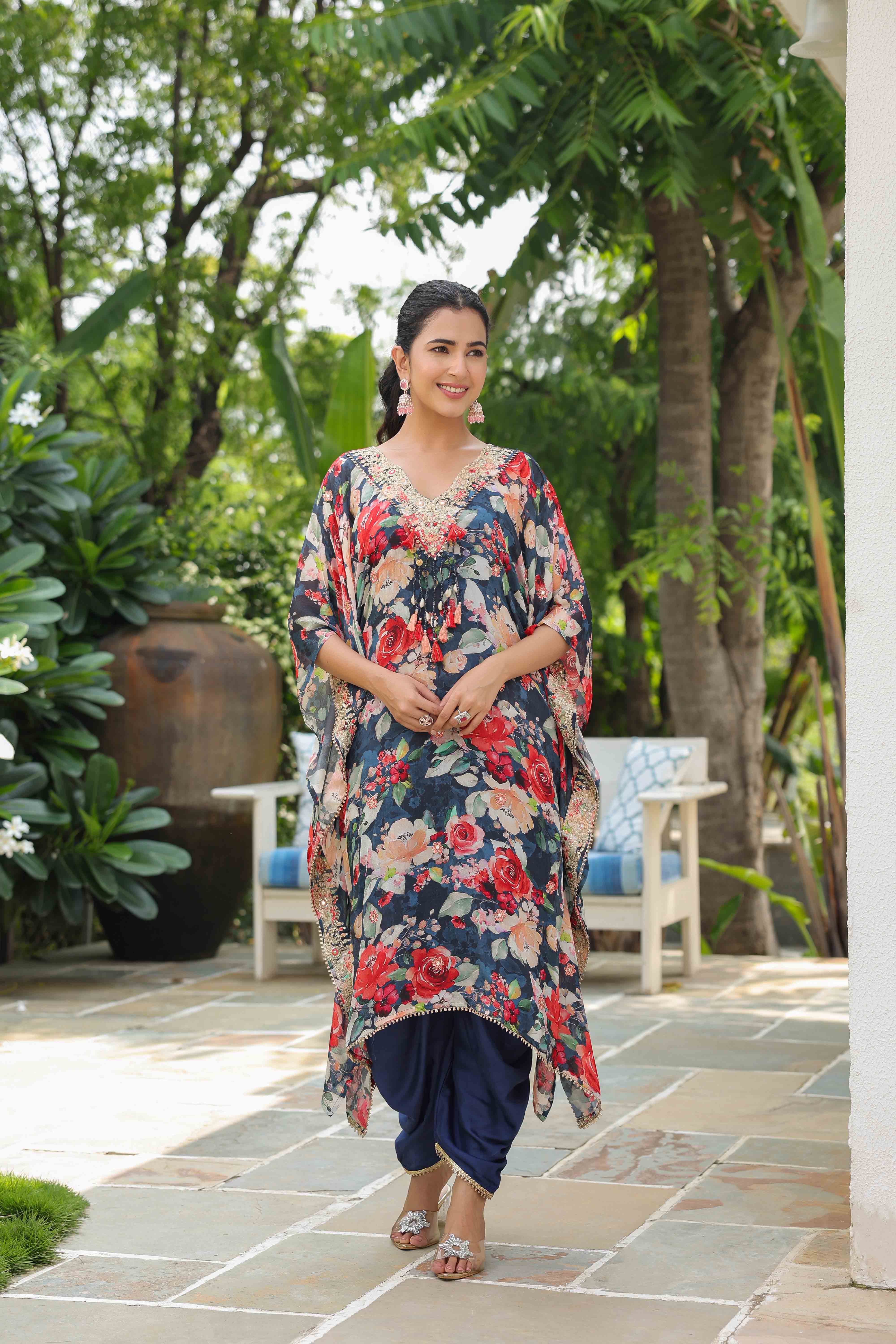 Blue Chinon Embroidered Sharara Set With Potli Bag