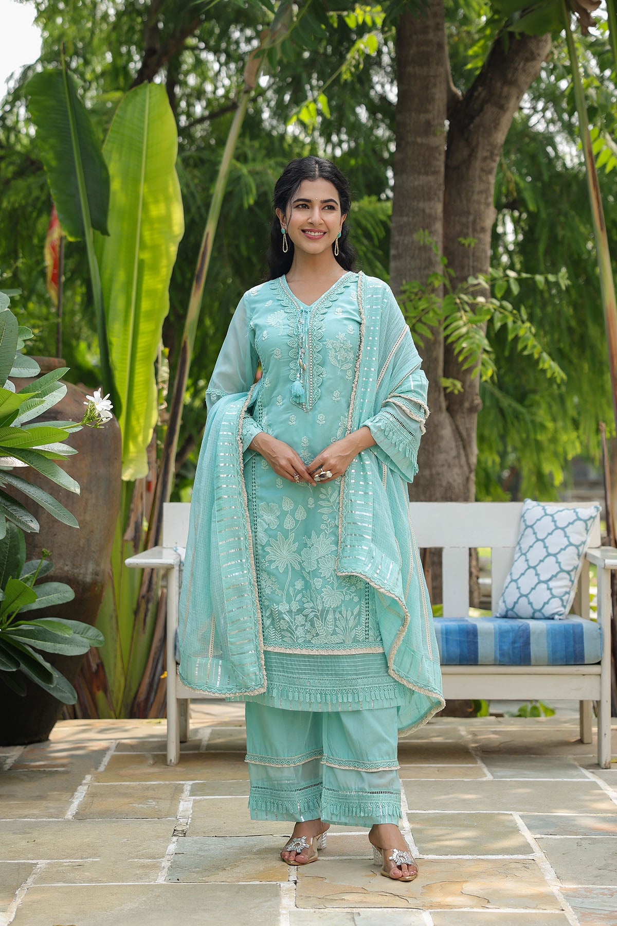 Sea Green Organza Embroidered Straight Suit