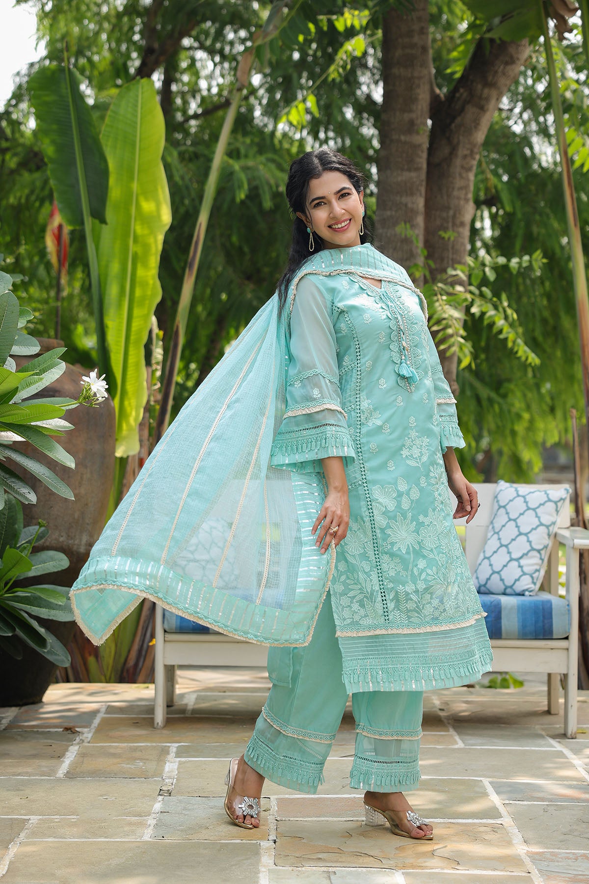 Sea Green Organza Embroidered Straight Suit