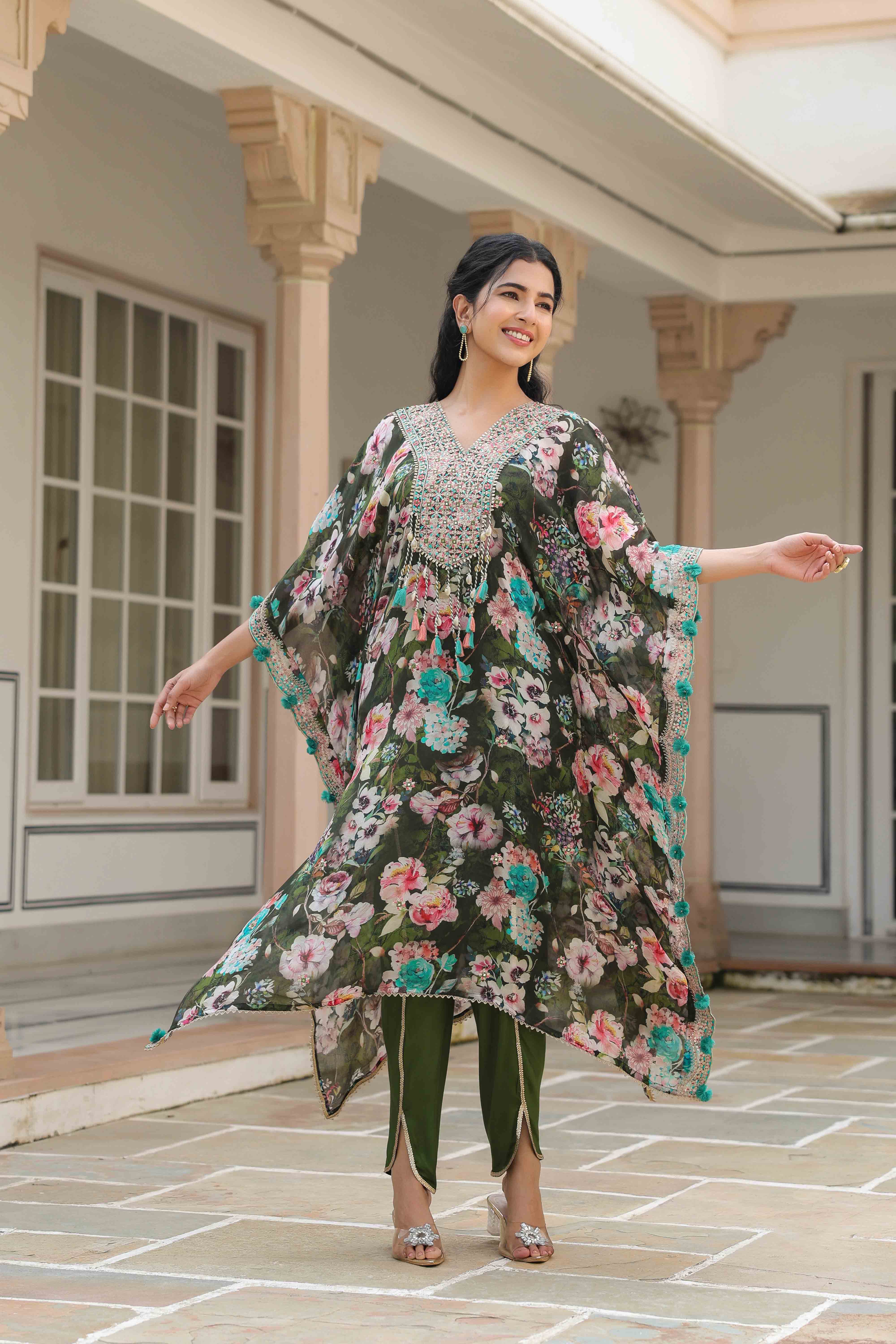 Green Chinon Embroidered Kaftan Set With Potli Bag