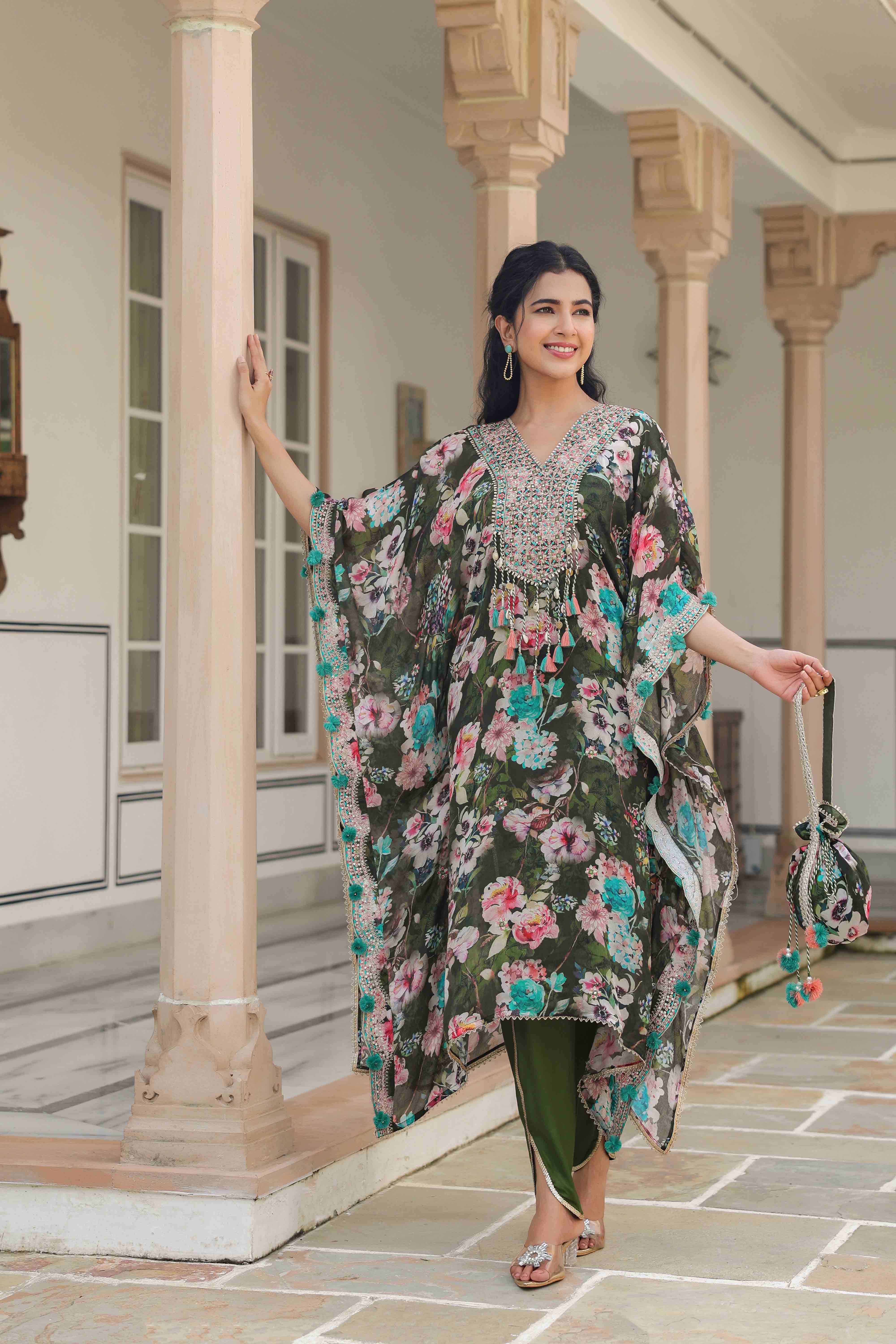 Green Chinon Embroidered Kaftan Set With Potli Bag