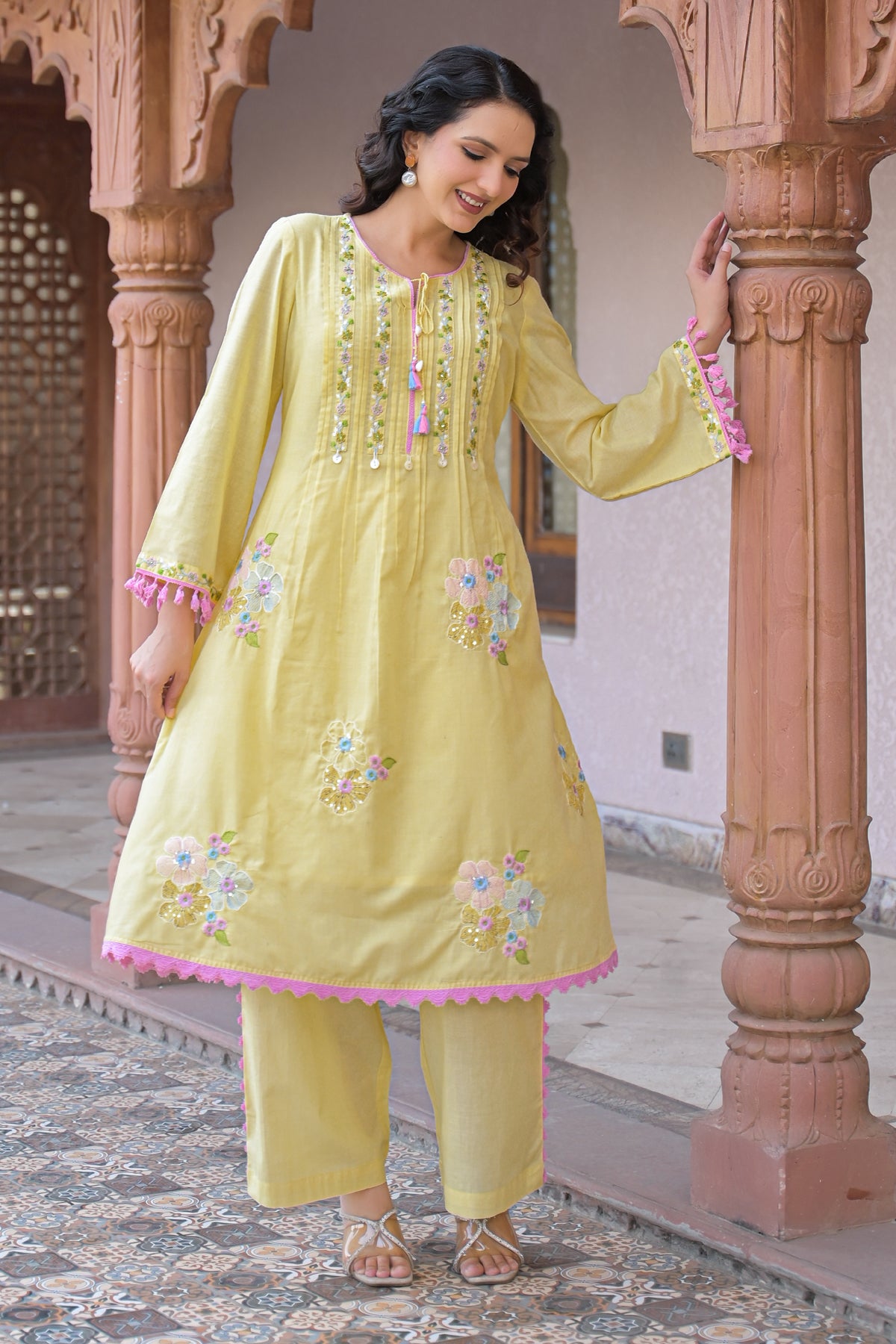 Yellow Mul Mul Embroidered Co-Ord Set