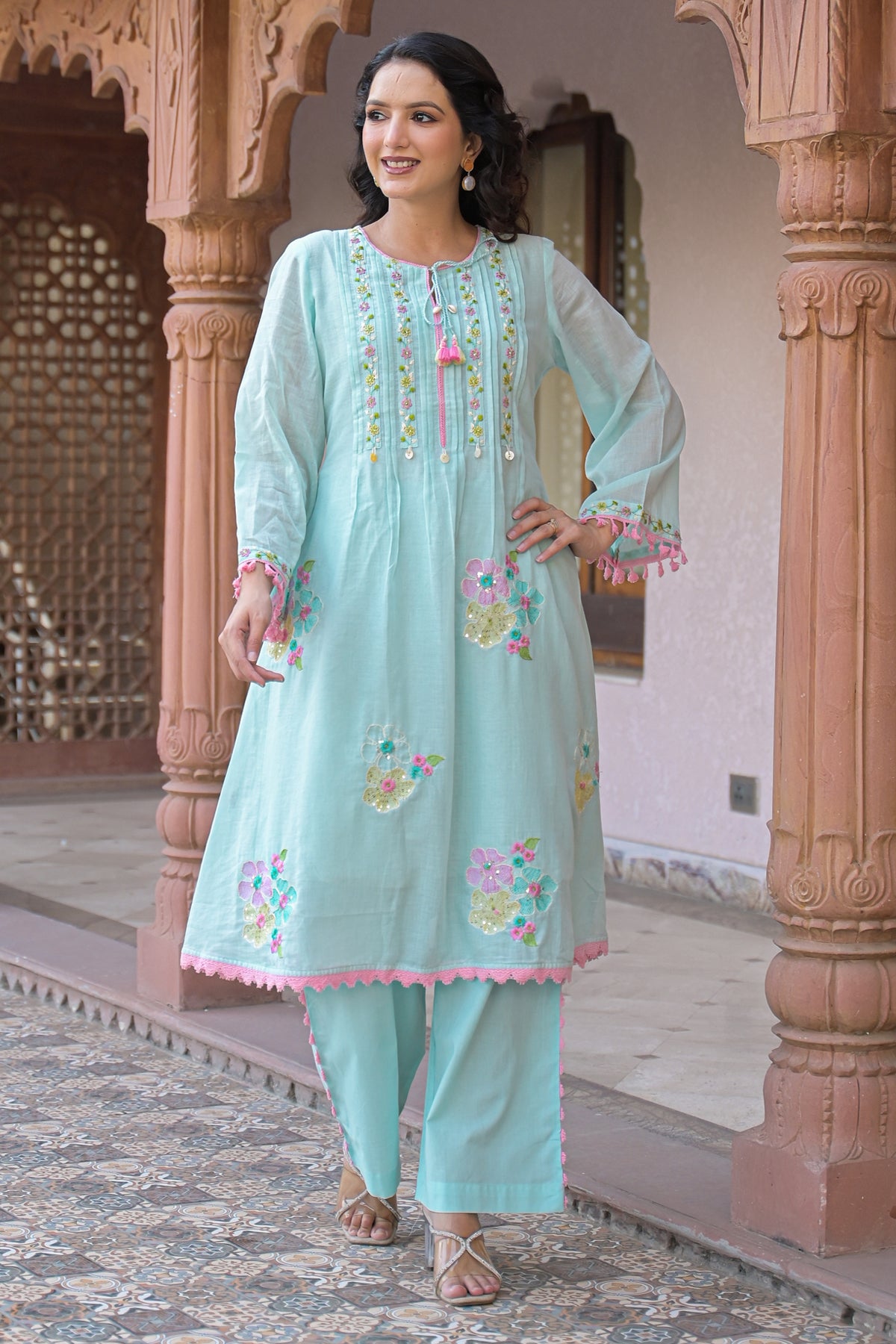 Blue Mul Mul Embroidered Co-ord Set