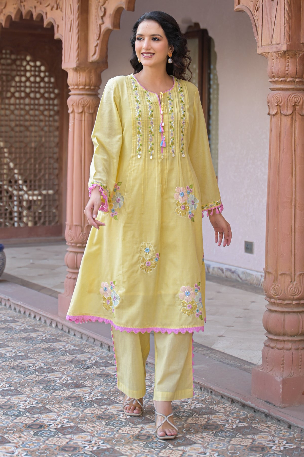 Yellow Mul Mul Embroidered Co-Ord Set