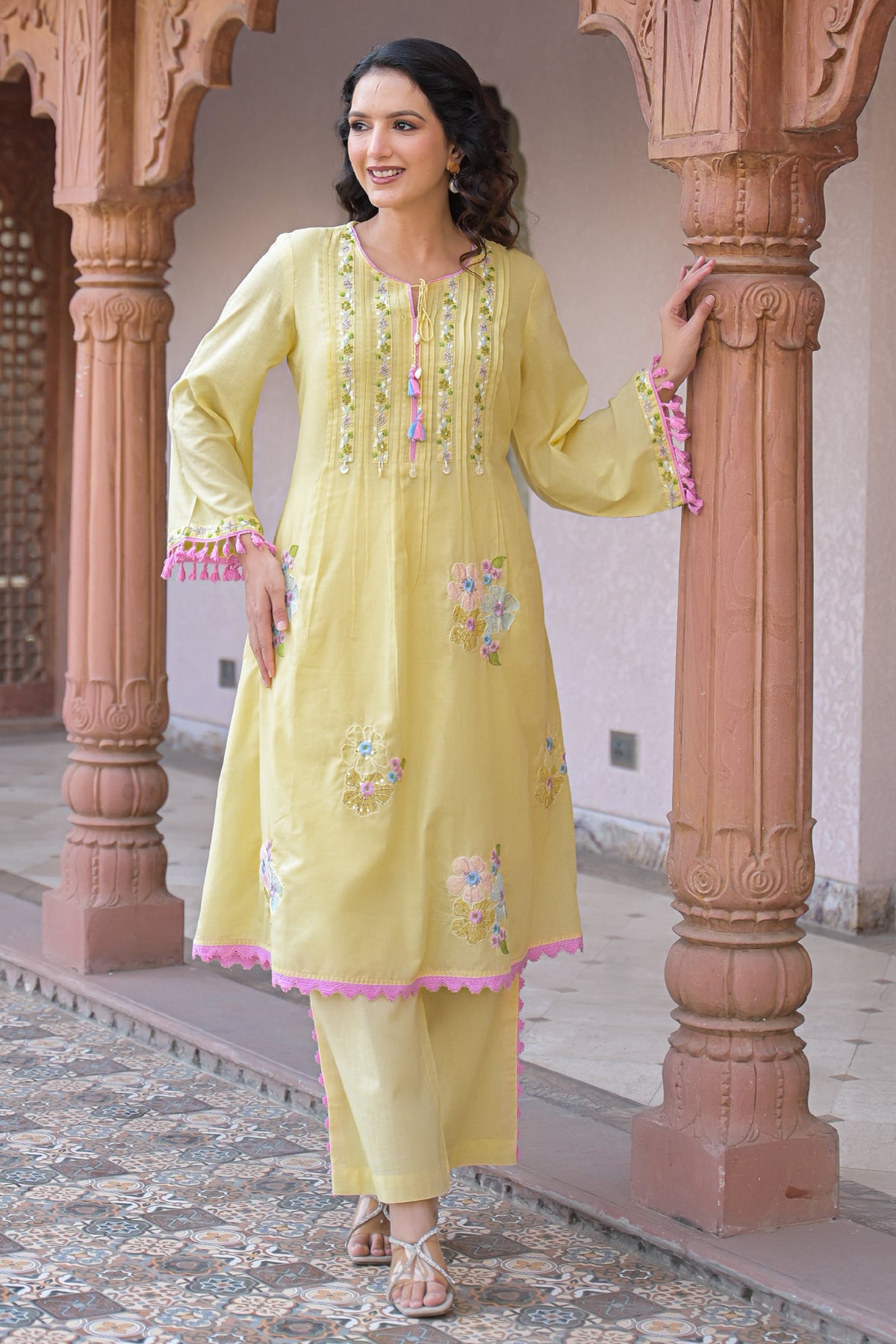 Yellow Mul Mul Embroidered Co-Ord Set