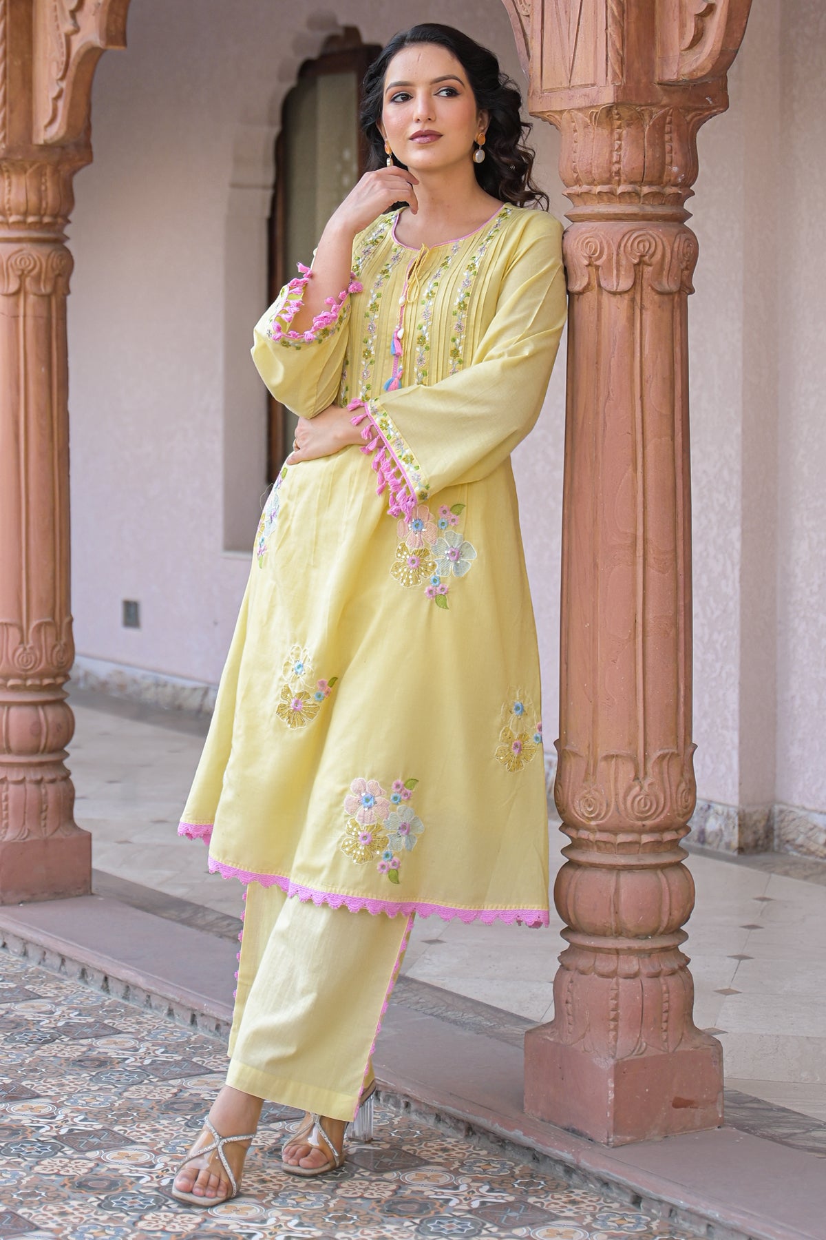 Yellow Mul Mul Embroidered Co-Ord Set