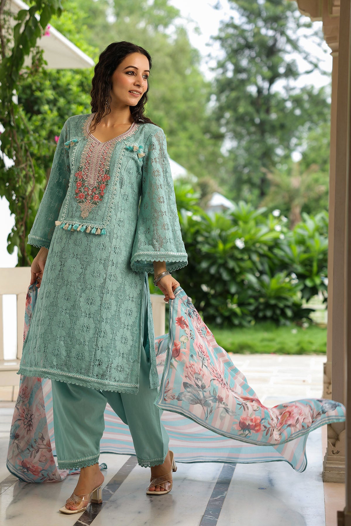 Green Schiffli Net Embroidered Straight Suit