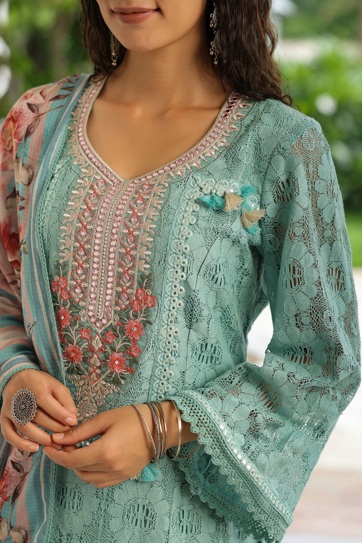 Green Schiffli Net Embroidered Straight Suit