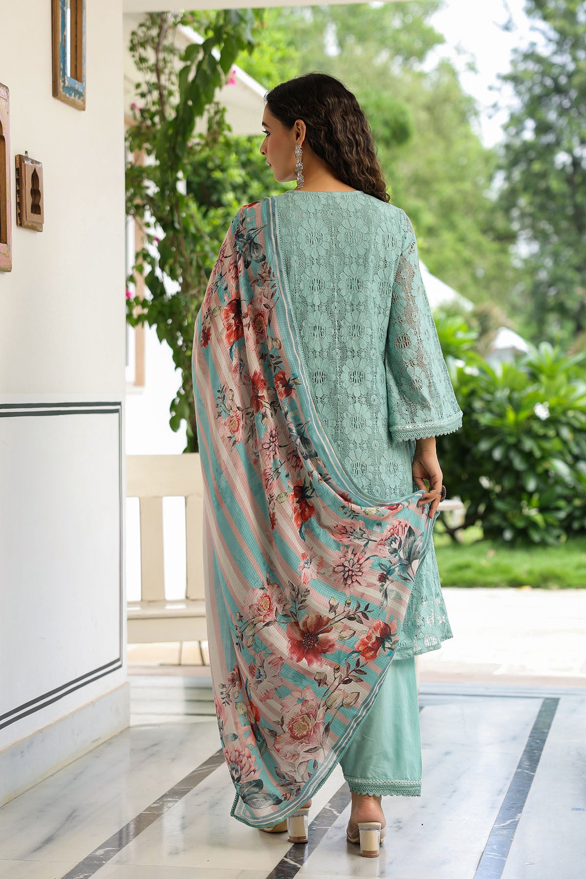 Green Schiffli Net Embroidered Straight Suit