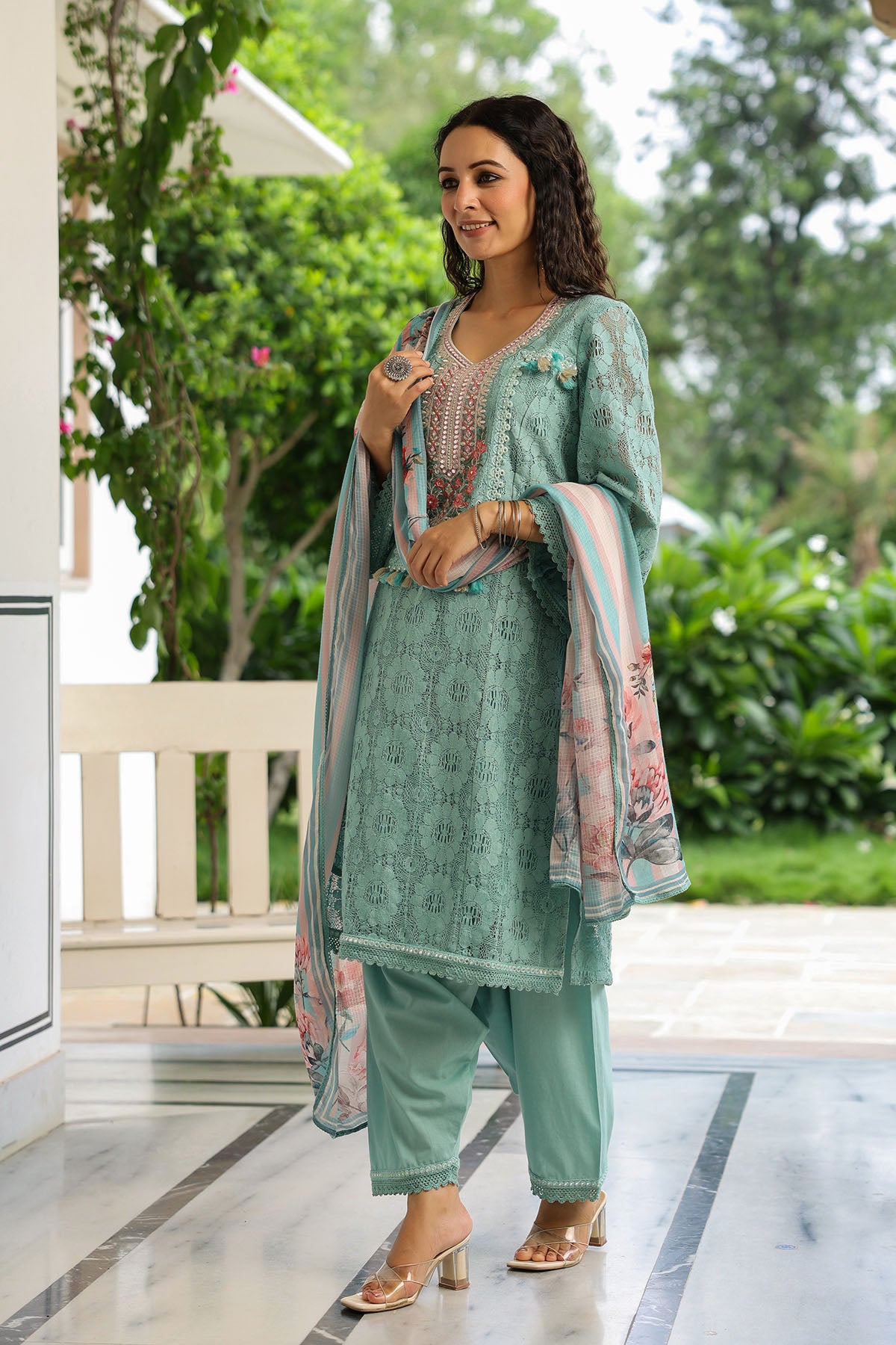 Green Schiffli Net Embroidered Straight Suit