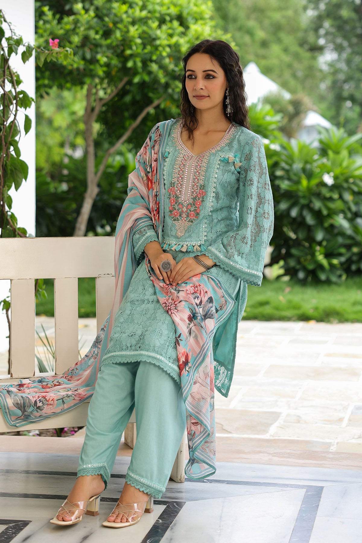 Green Schiffli Net Embroidered Straight Suit