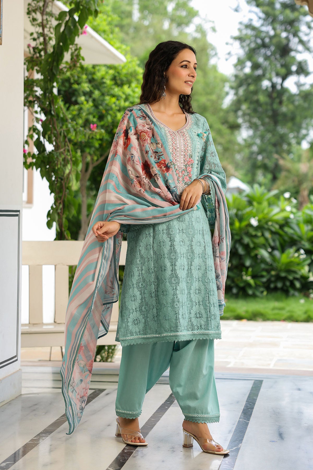 Green Schiffli Net Embroidered Straight Suit