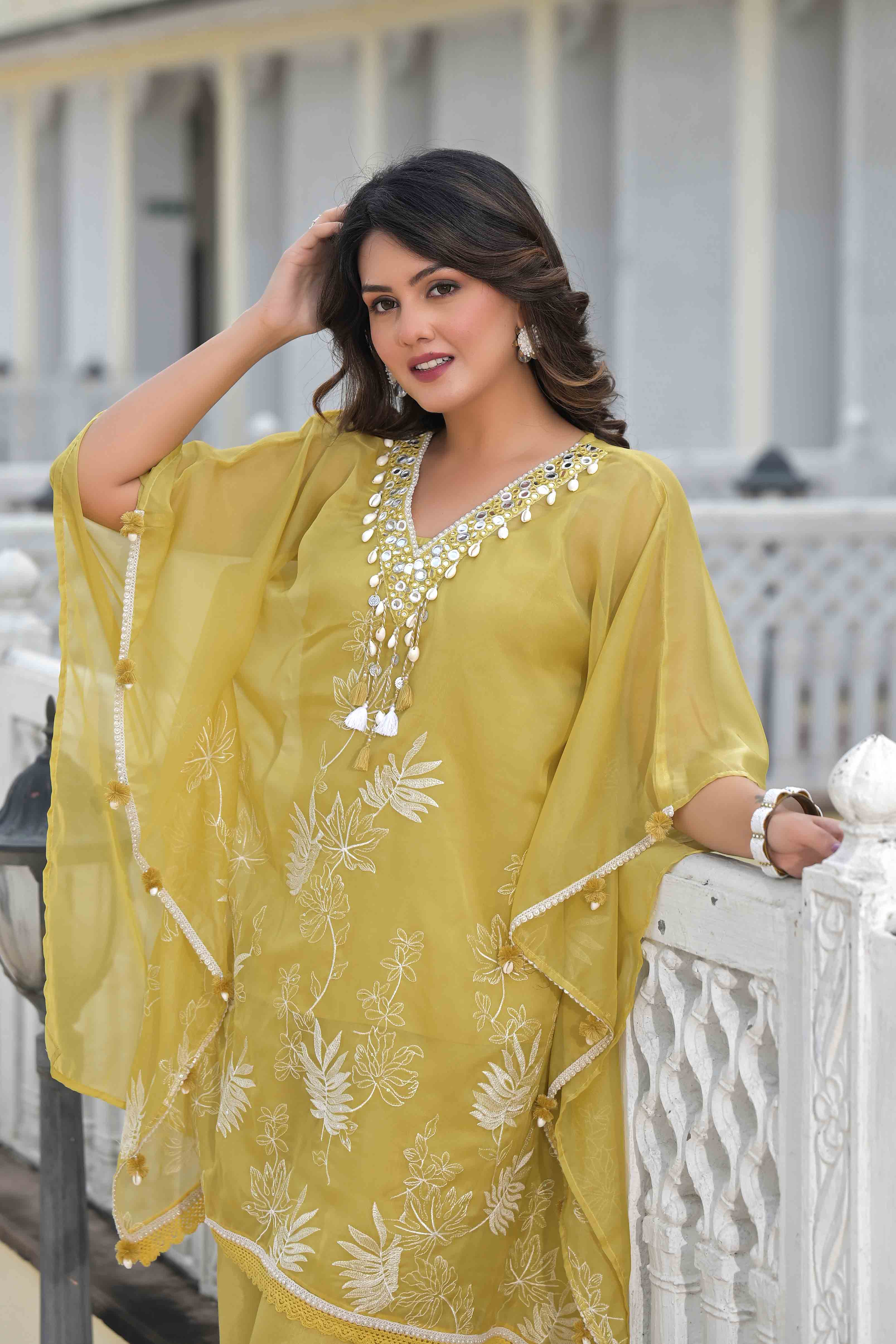 Mustard Organza Embroidered Kaftan Set With Potli Bag