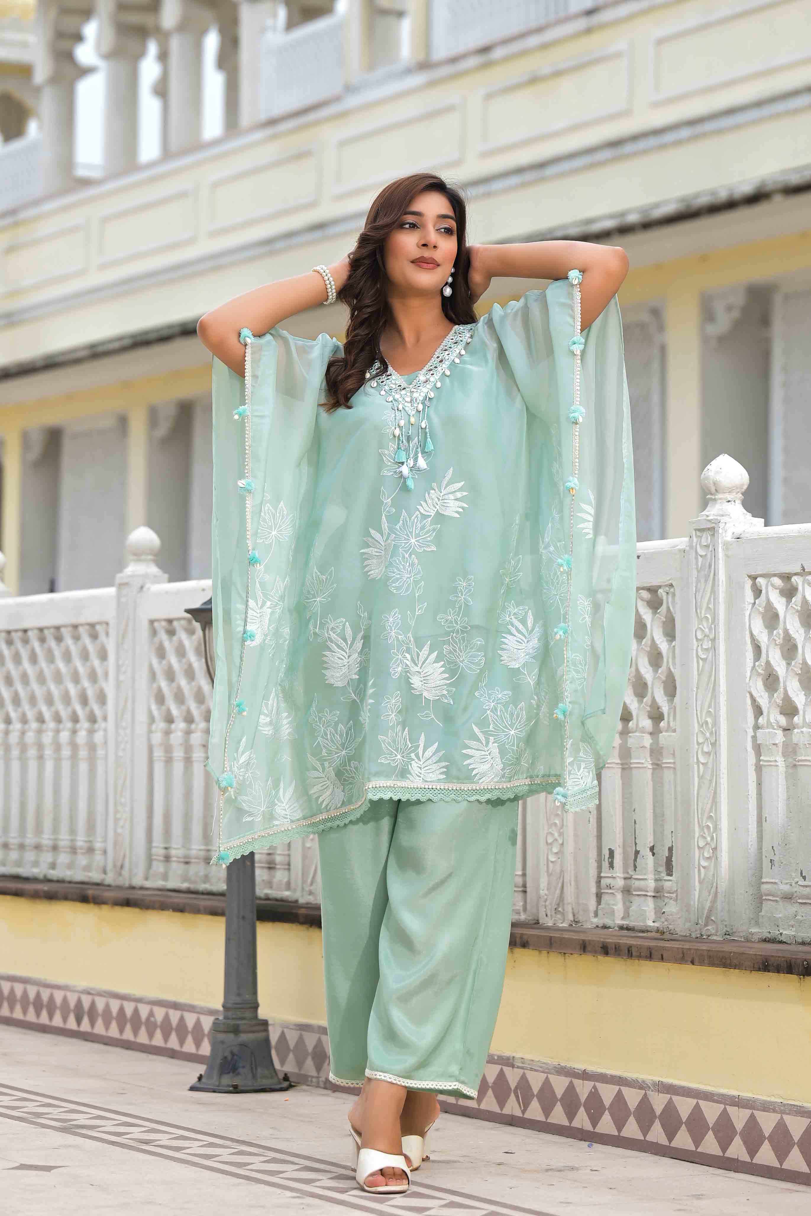 Sea Green Organza Embroidered Kaftan Set With Potli Bag