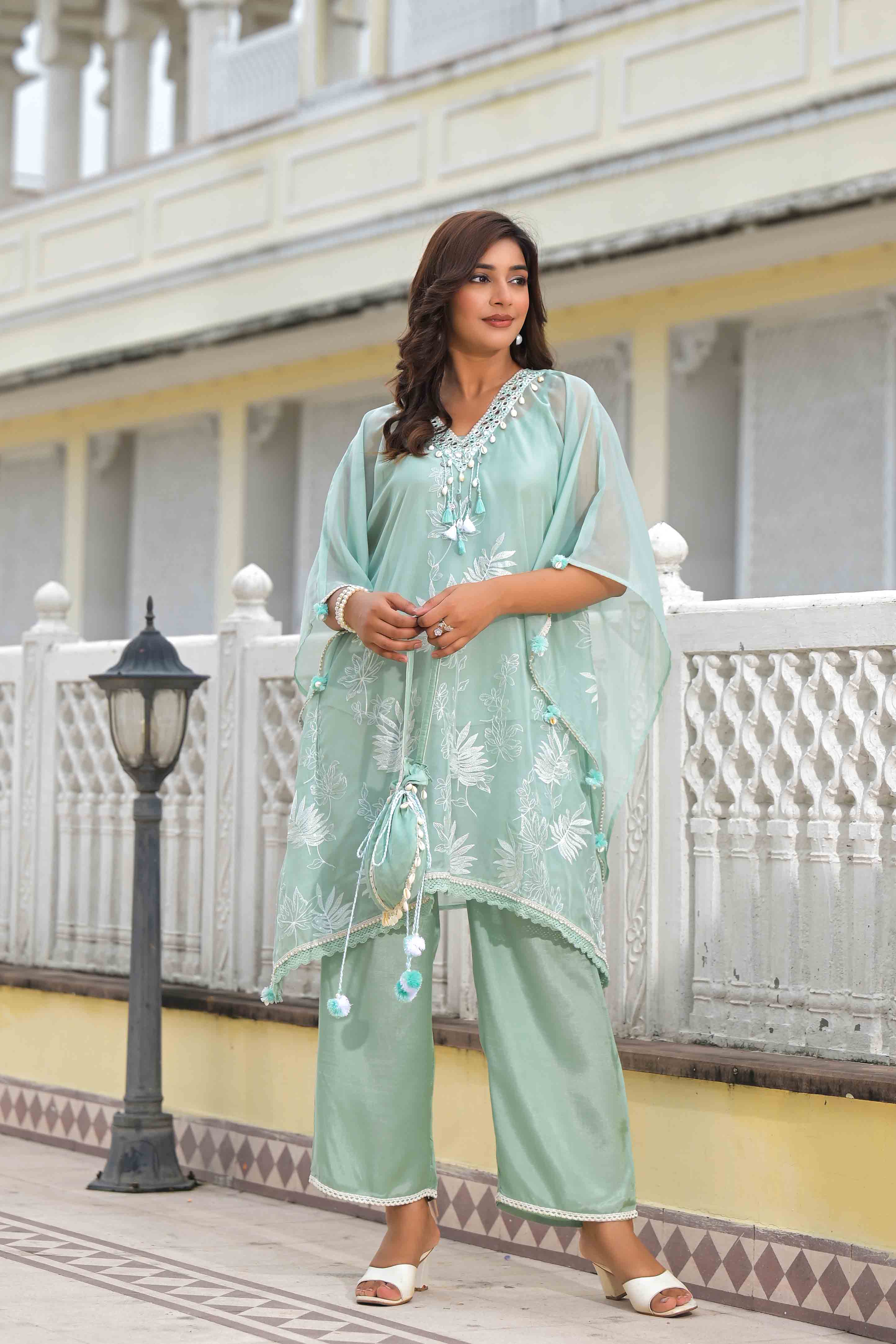 Sea Green Organza Embroidered Kaftan Set With Potli Bag
