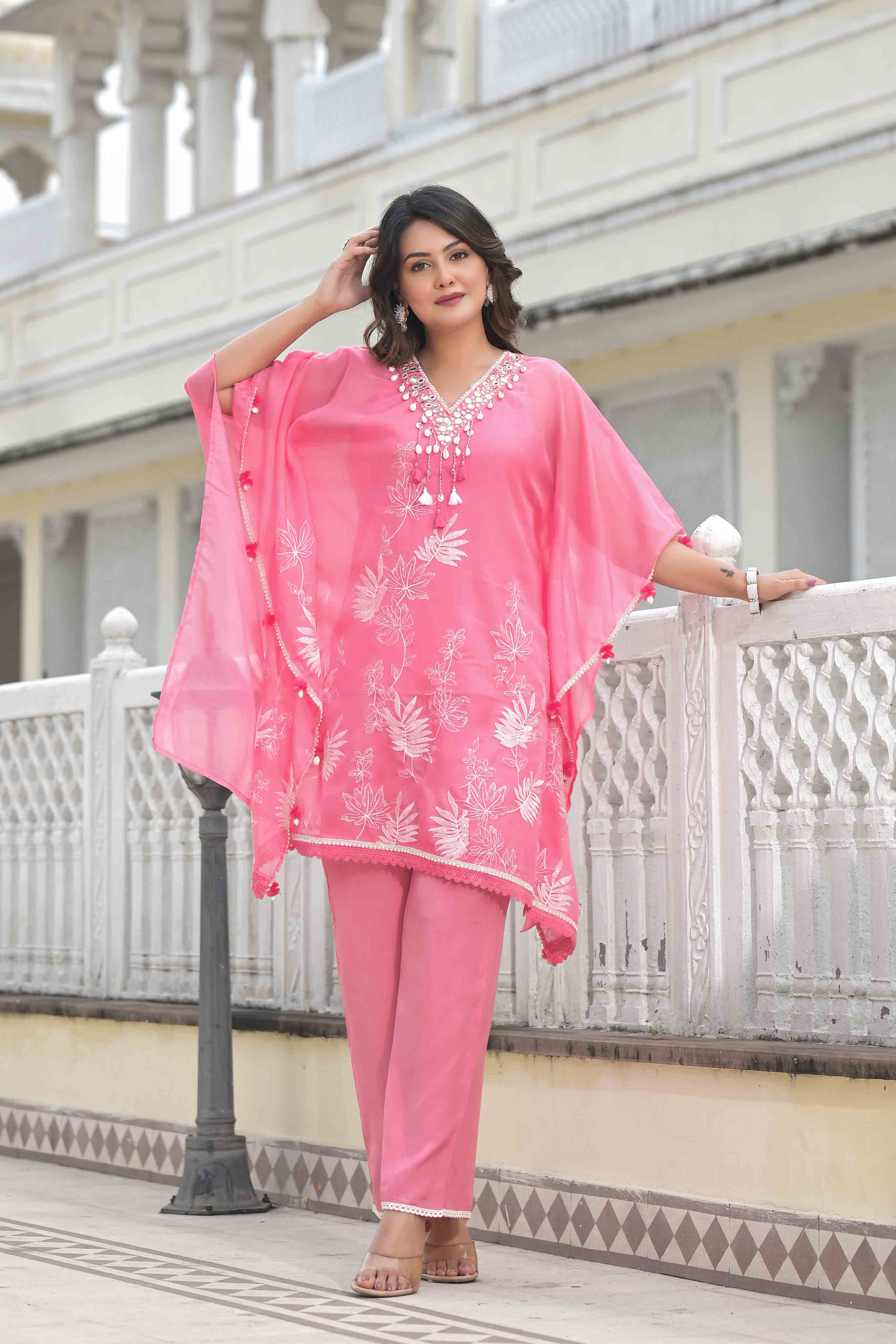 Pink Organza Embroidered Kaftan Set With Potli Bag