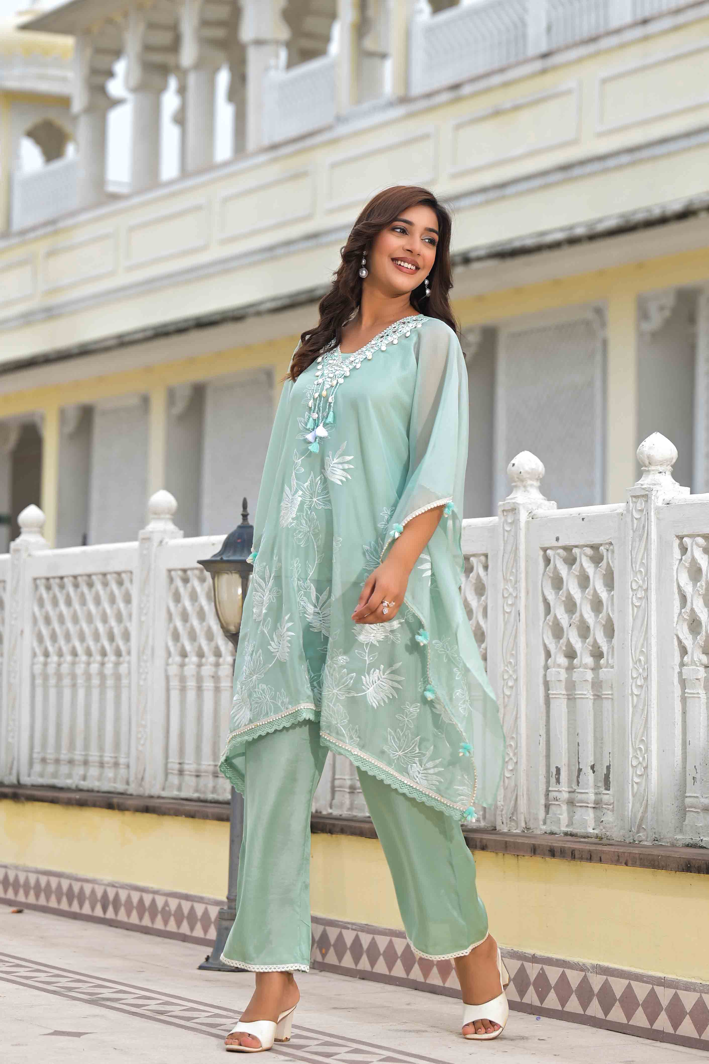 Sea Green Organza Embroidered Kaftan Set With Potli Bag