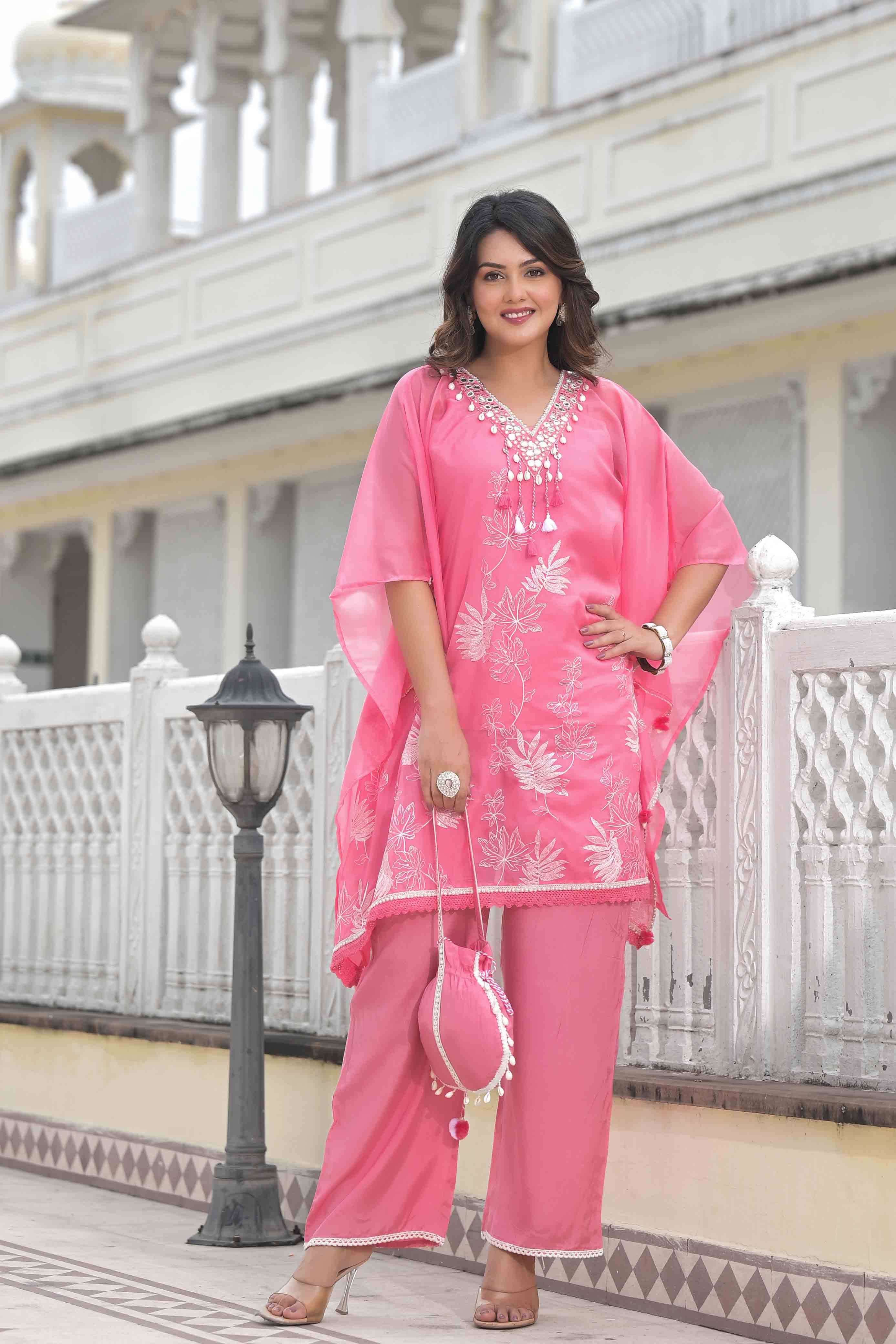 Pink Organza Embroidered Kaftan Set With Potli Bag