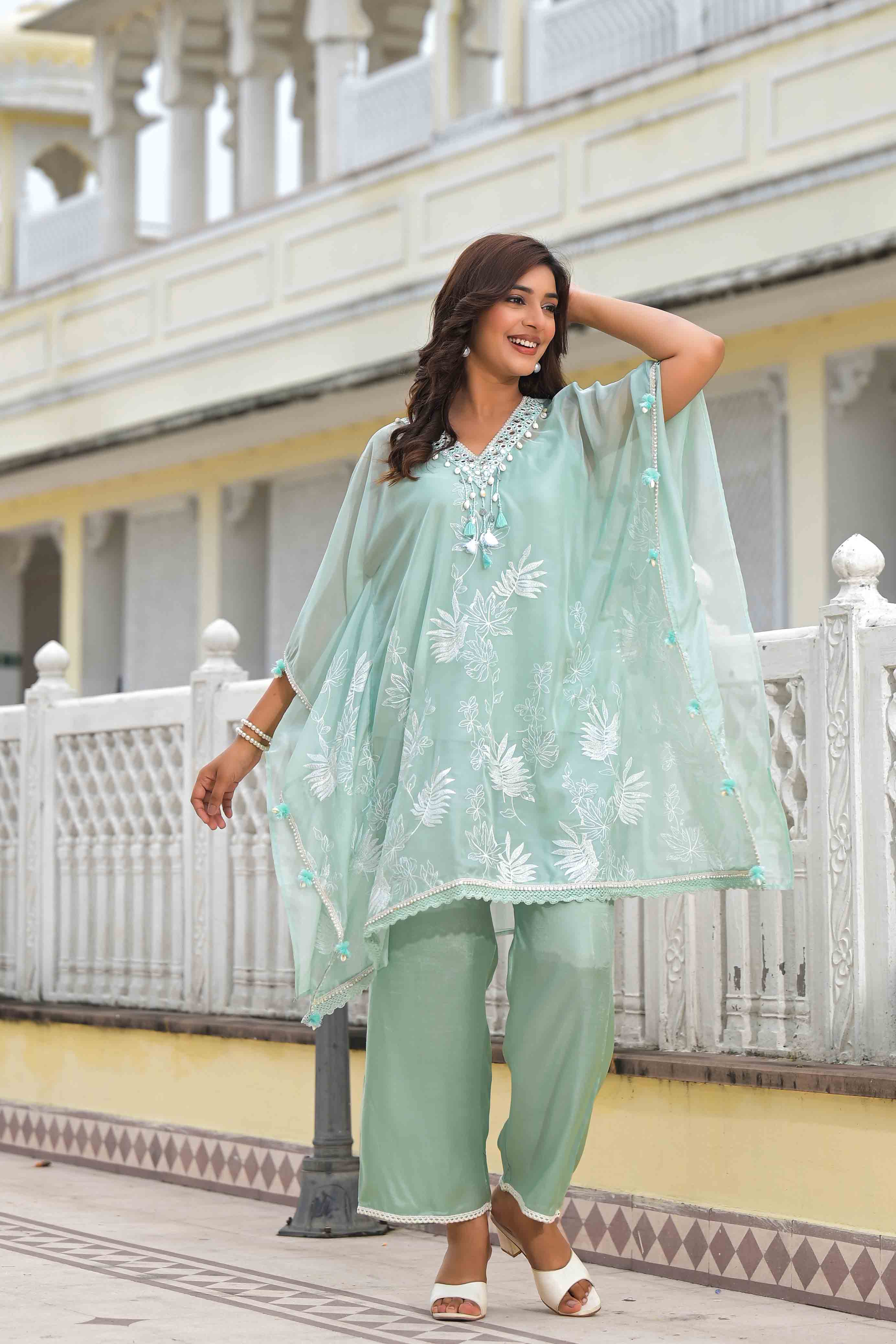 Sea Green Organza Embroidered Kaftan Set With Potli Bag