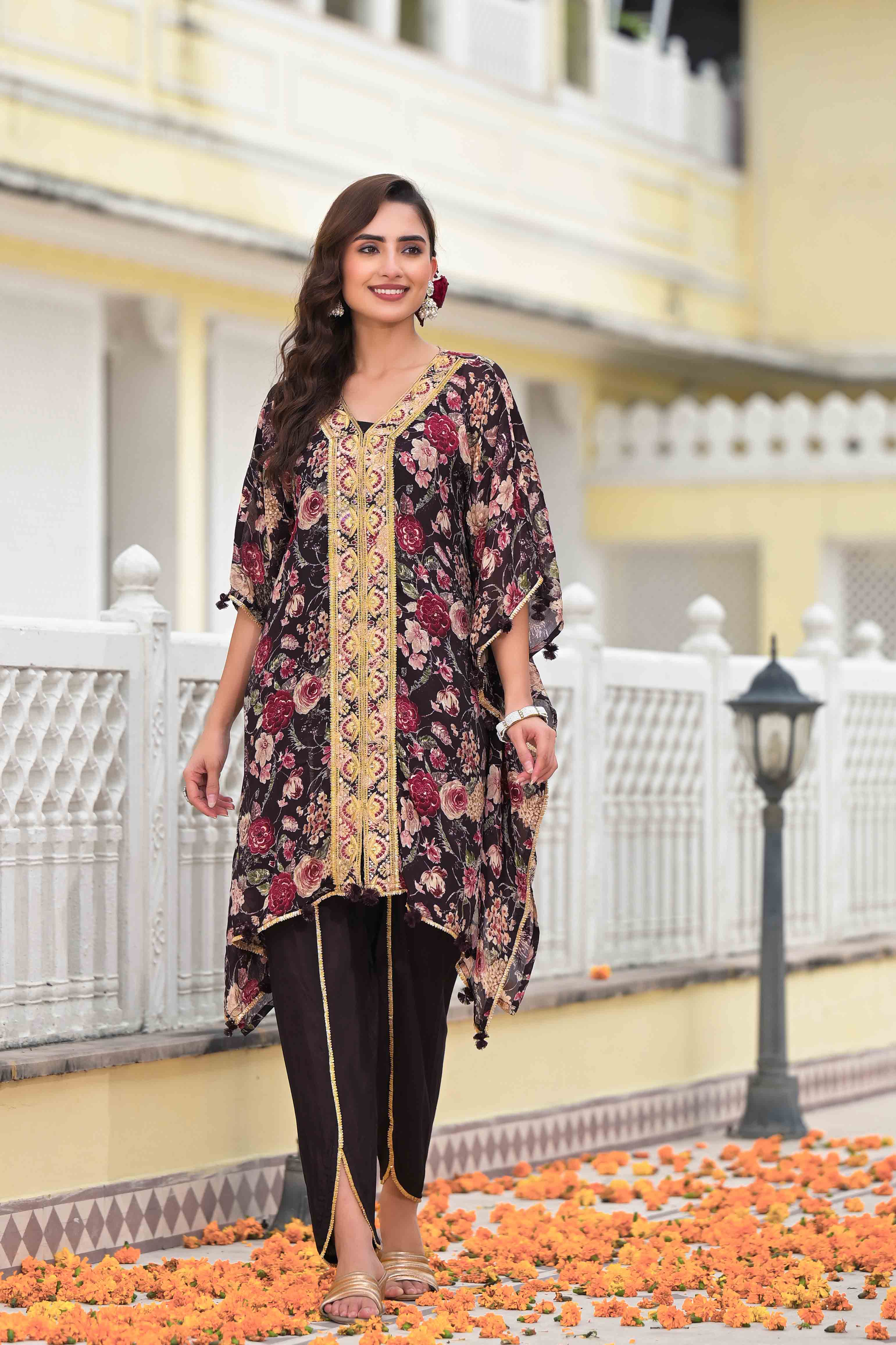 Black Chinon Embroidered Kaftan Set With Potli Bag
