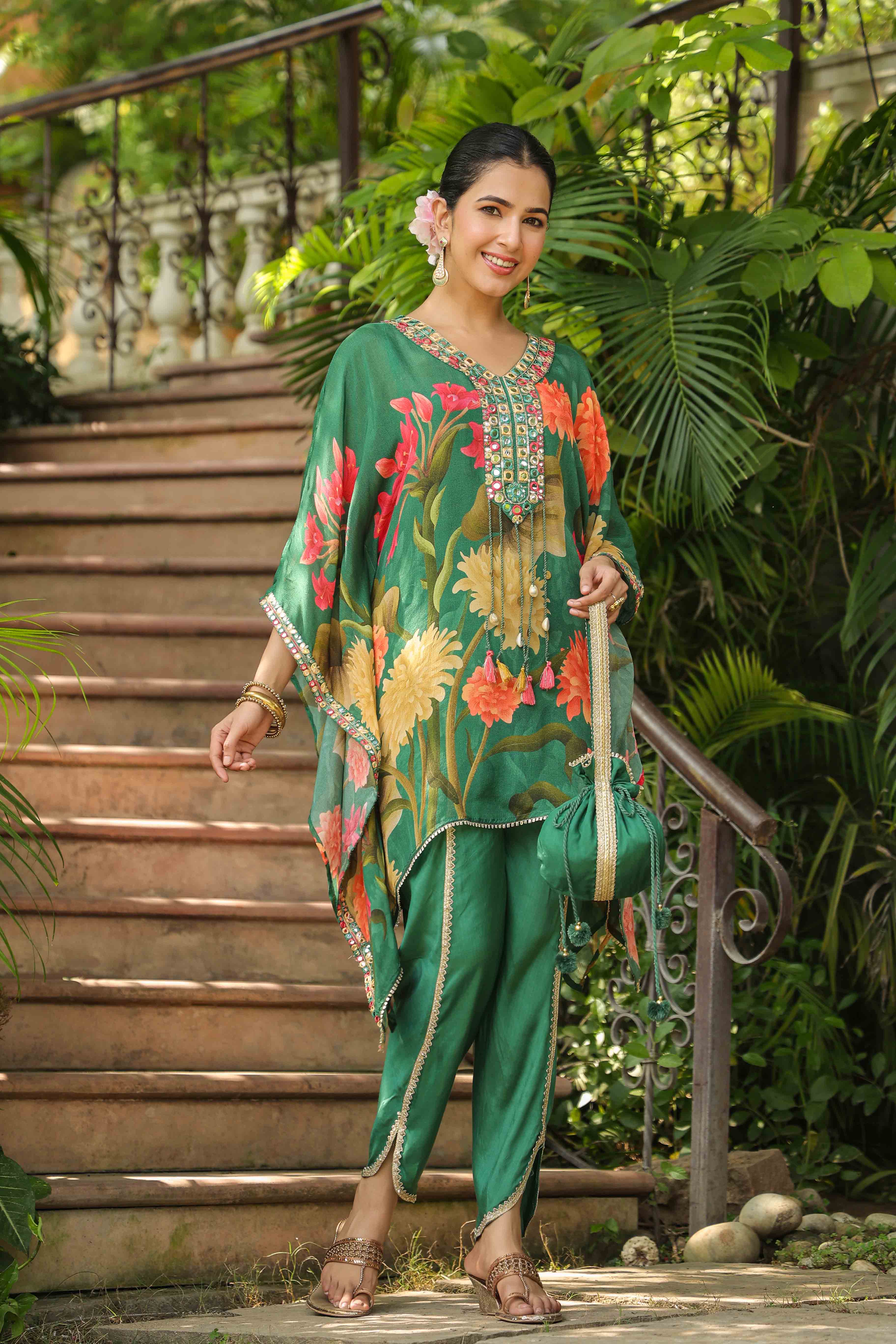 Green Chinon Embroidered Kaftan Set With Potli Bag