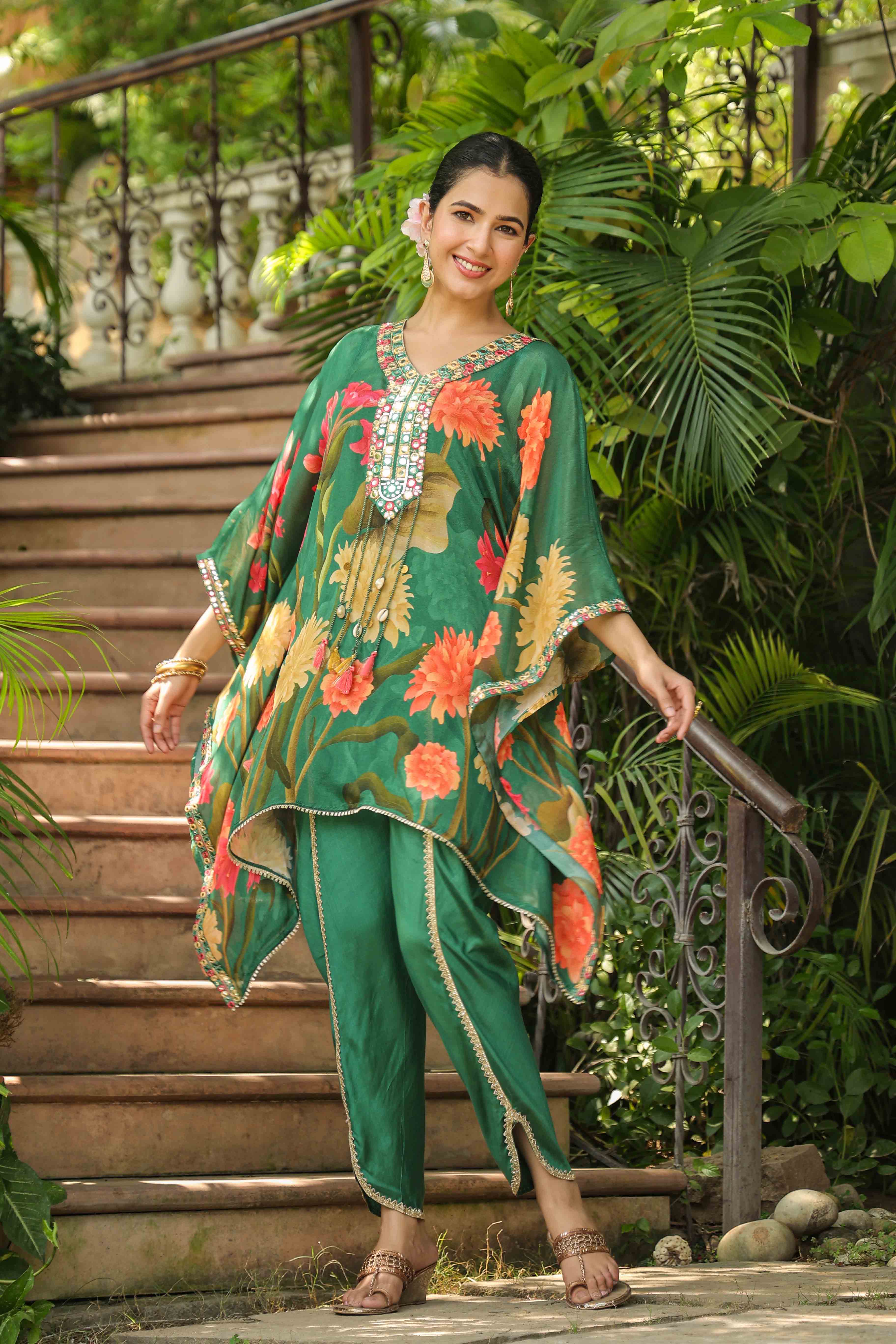 Green Chinon Embroidered Kaftan Set With Potli Bag
