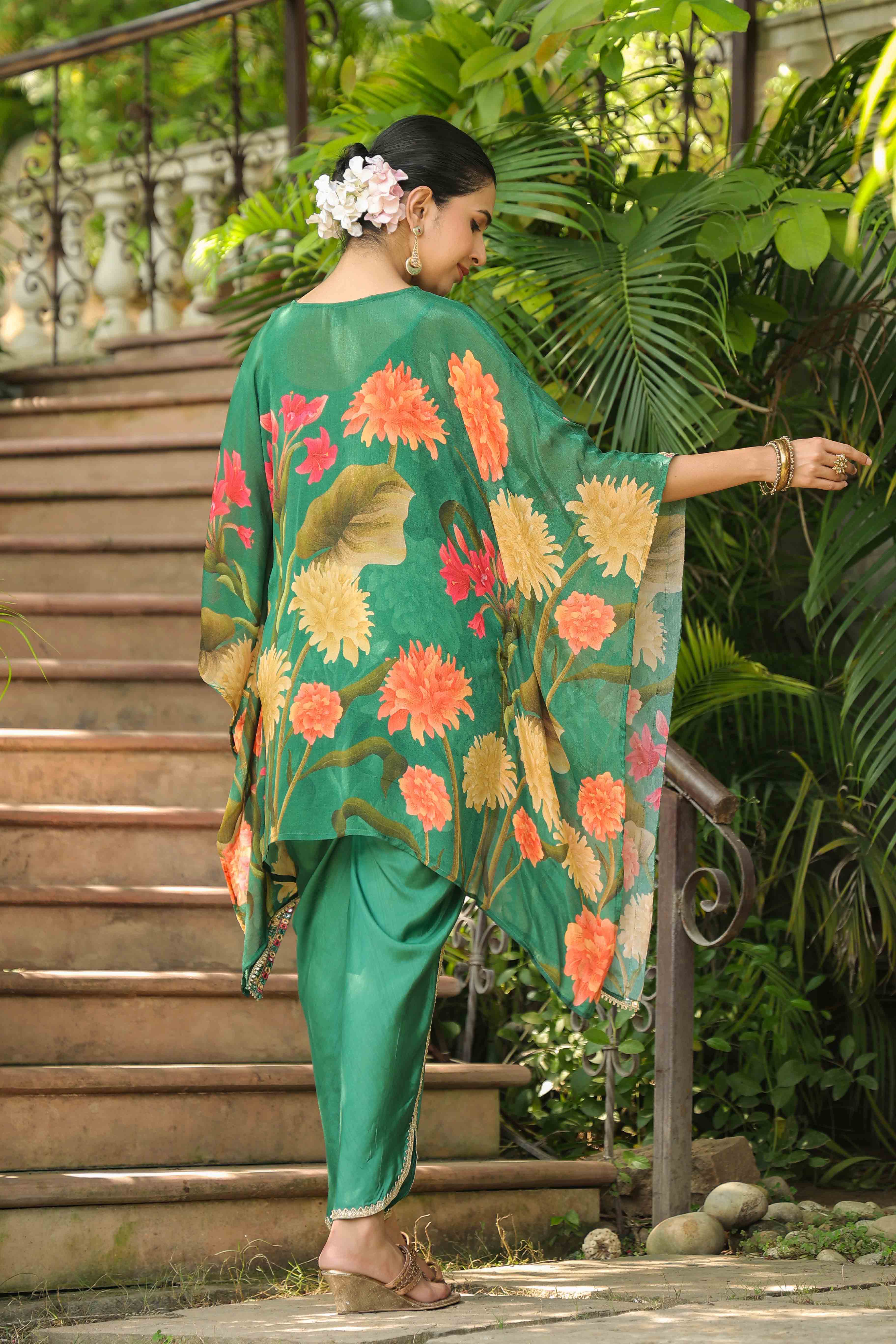Green Chinon Embroidered Kaftan Set With Potli Bag