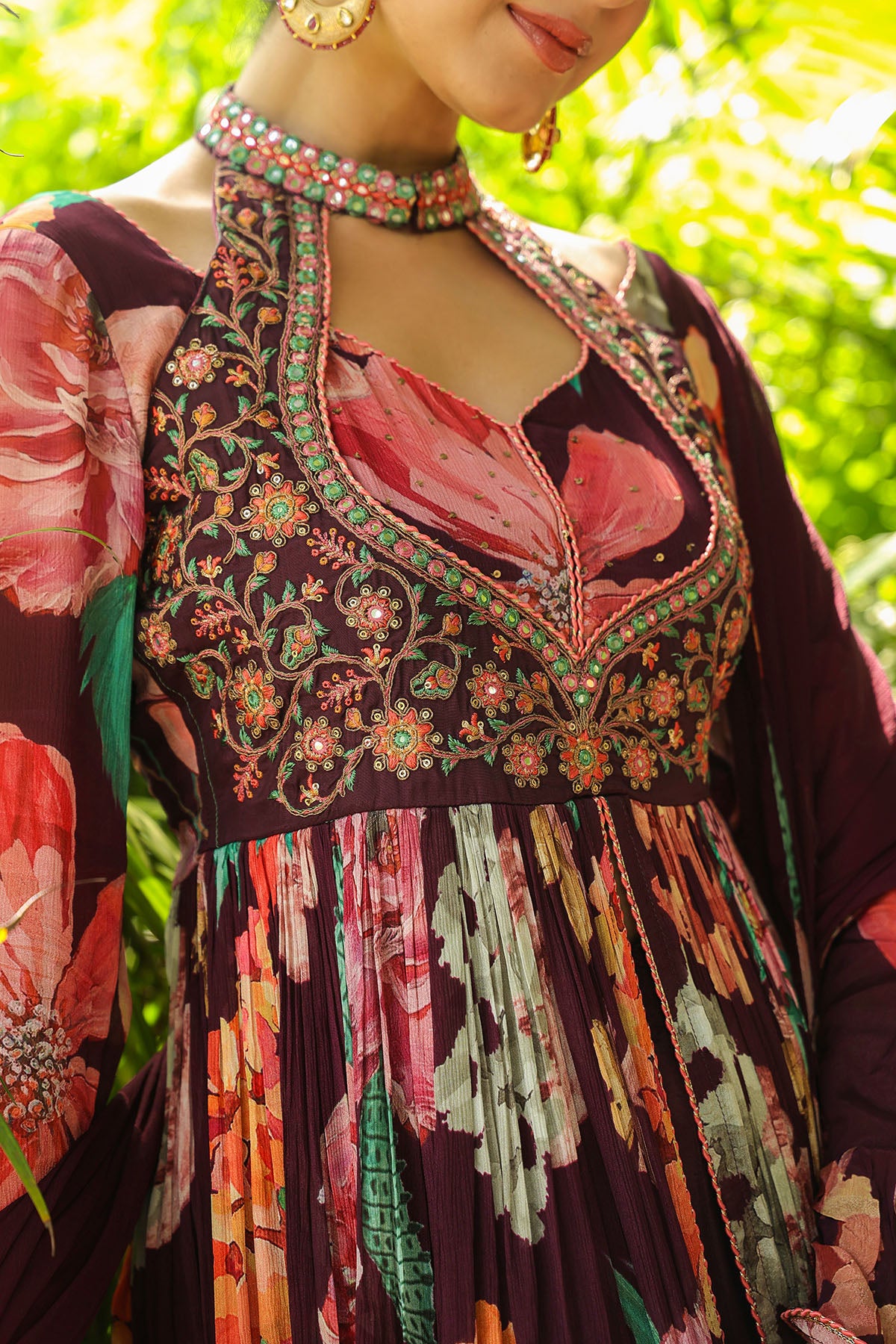 Maroon Floral Chinon Embroidered Anarkali Suit