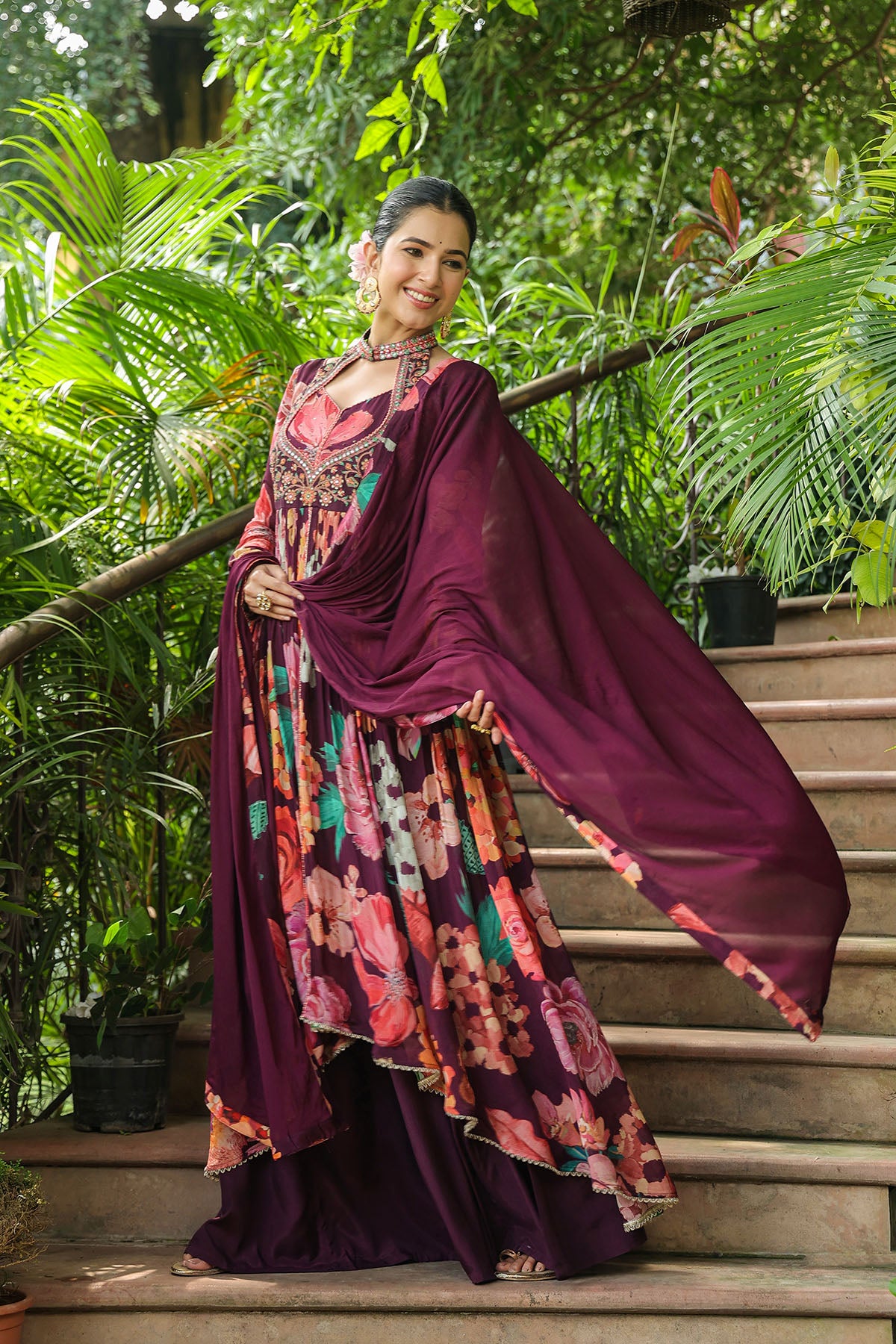 Maroon Floral Chinon Embroidered Anarkali Suit