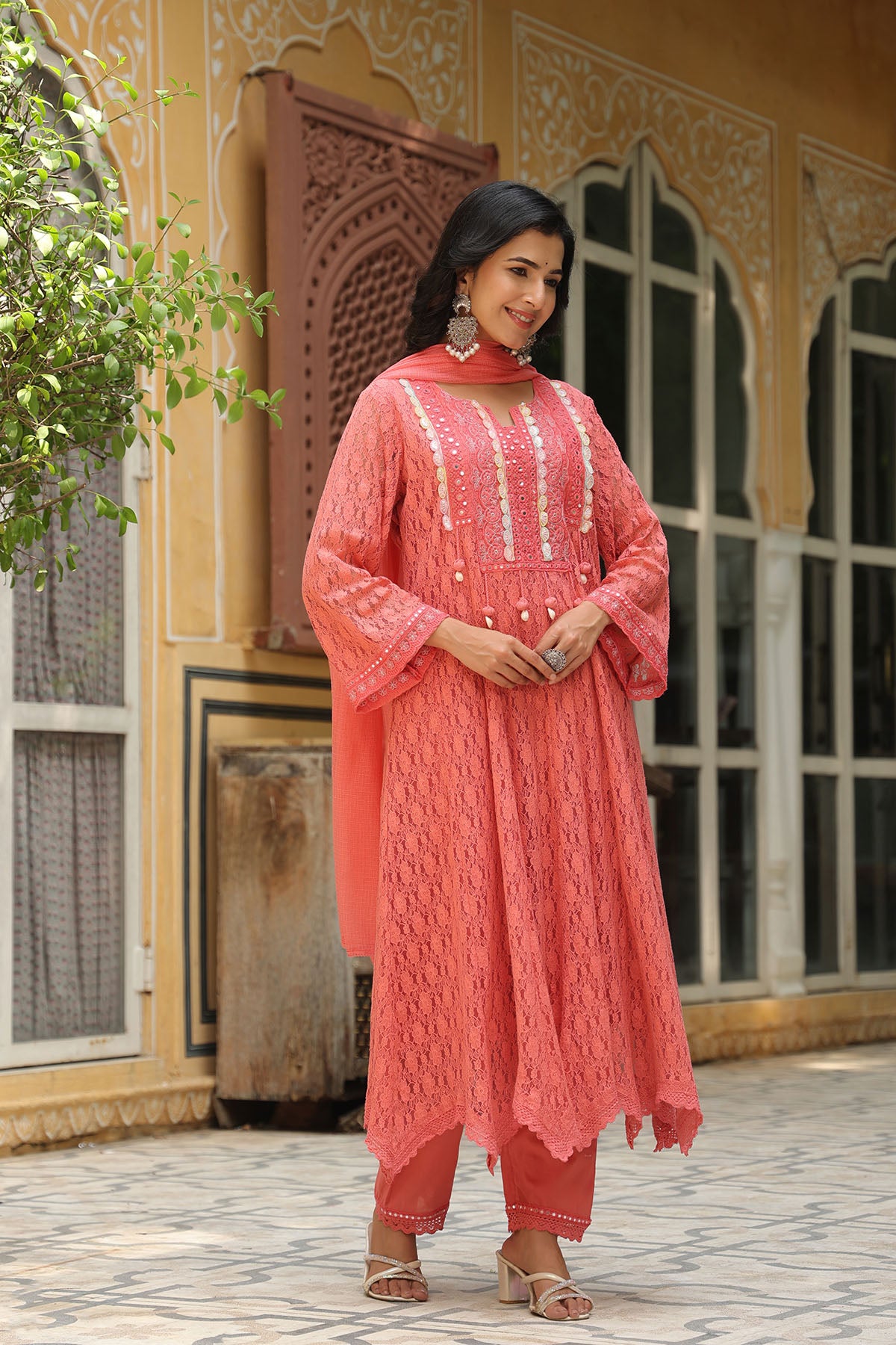Rust Orange Schiffli Net Embroidered Anarkali Suit