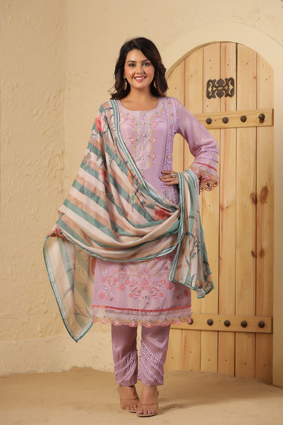 Lavender Shimmer Embroidered Straight Suit