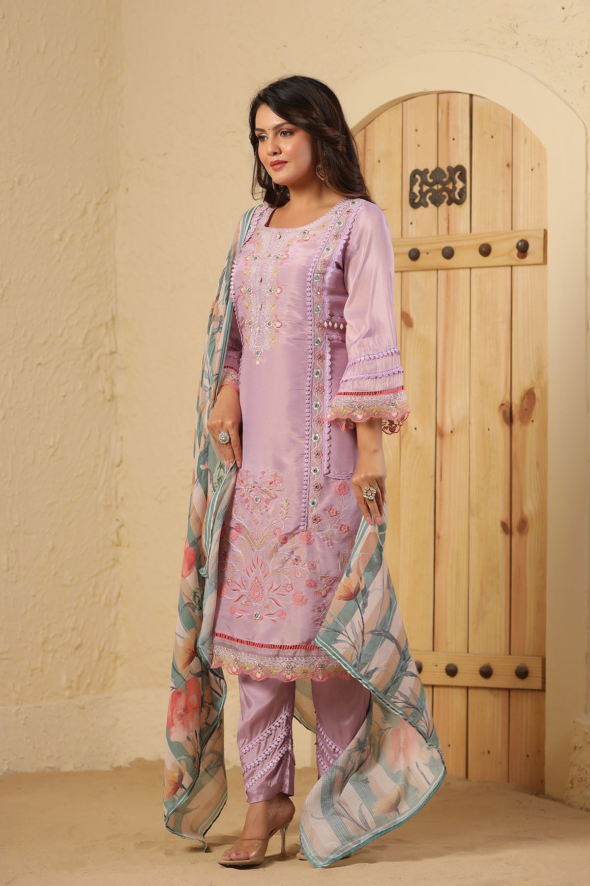 Lavender Shimmer Embroidered Straight Suit