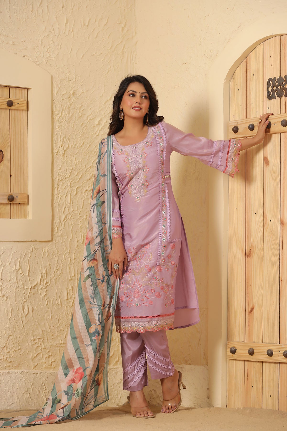 Lavender Shimmer Embroidered Straight Suit