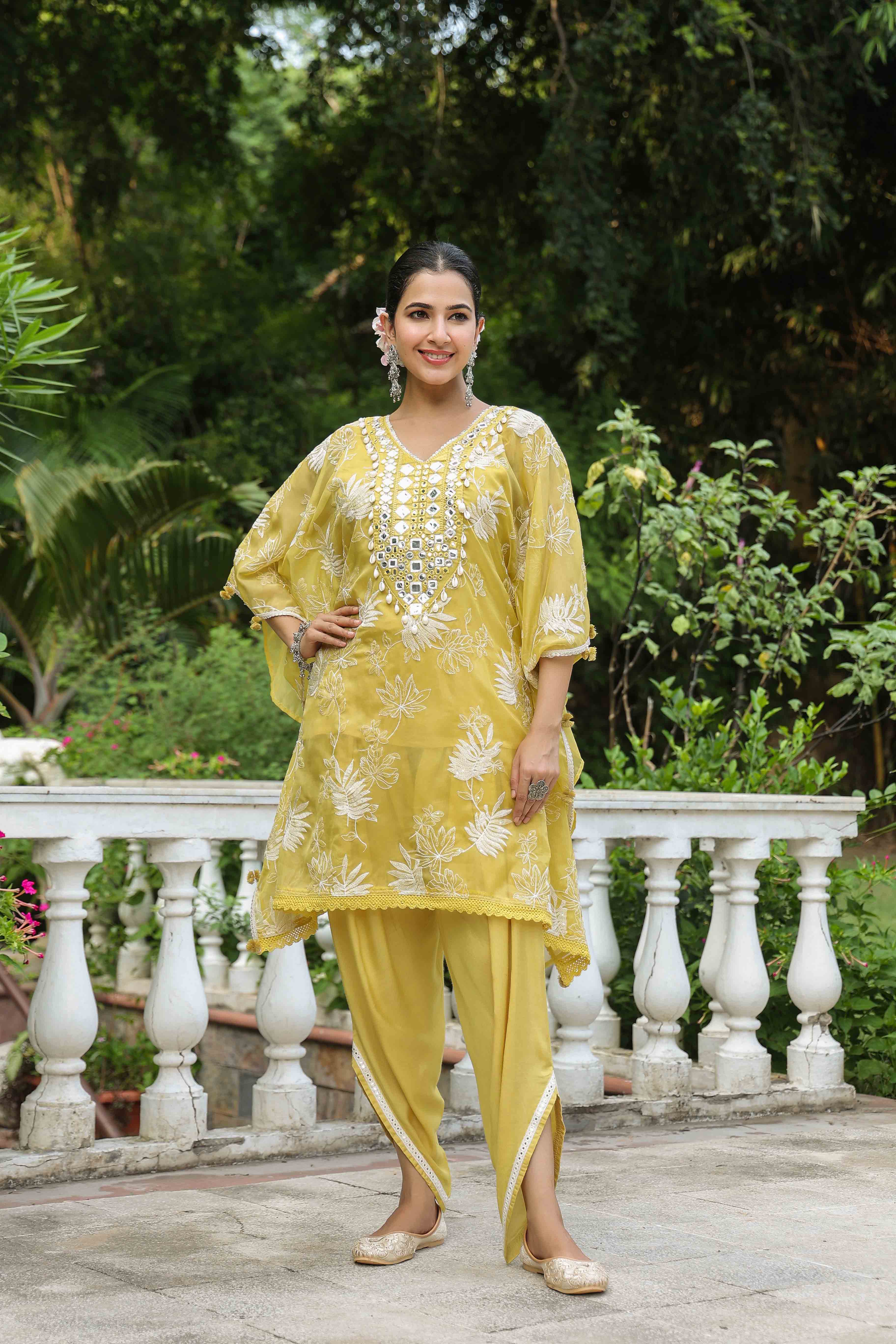 Mustard Organza Embroidered Kaftan Set With Potli Bag