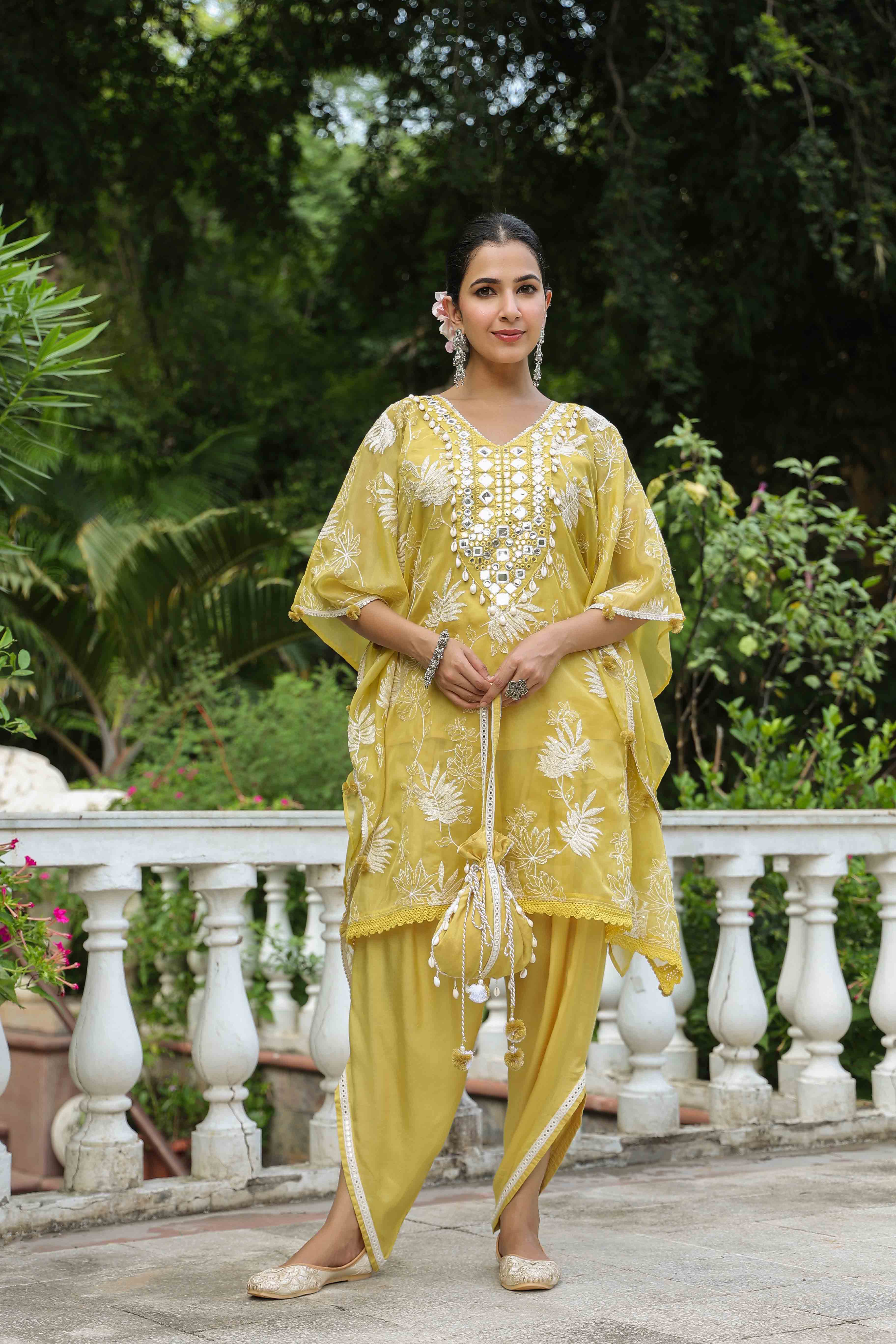 Mustard Organza Embroidered Kaftan Set With Potli Bag