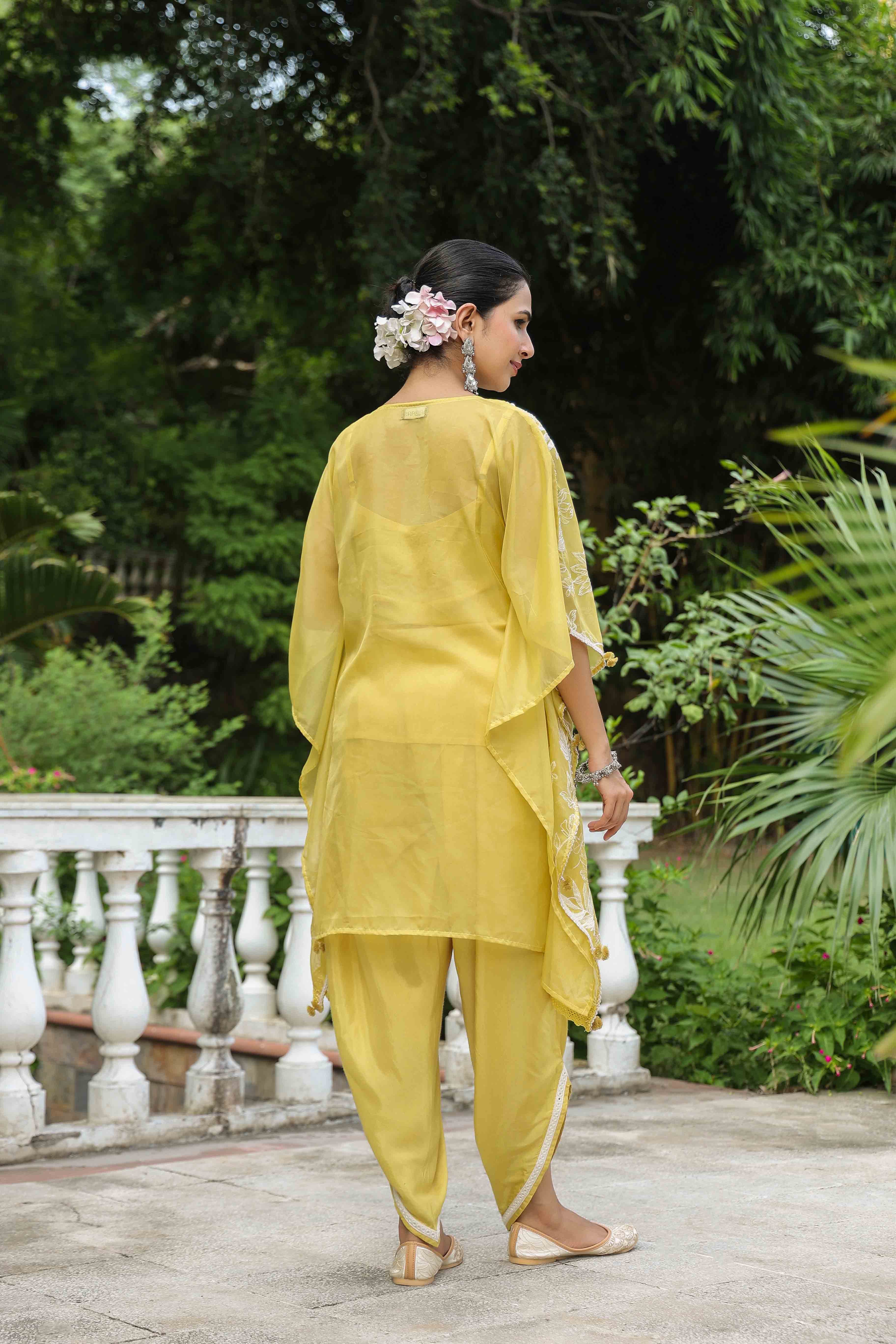 Mustard Organza Embroidered Kaftan Set With Potli Bag