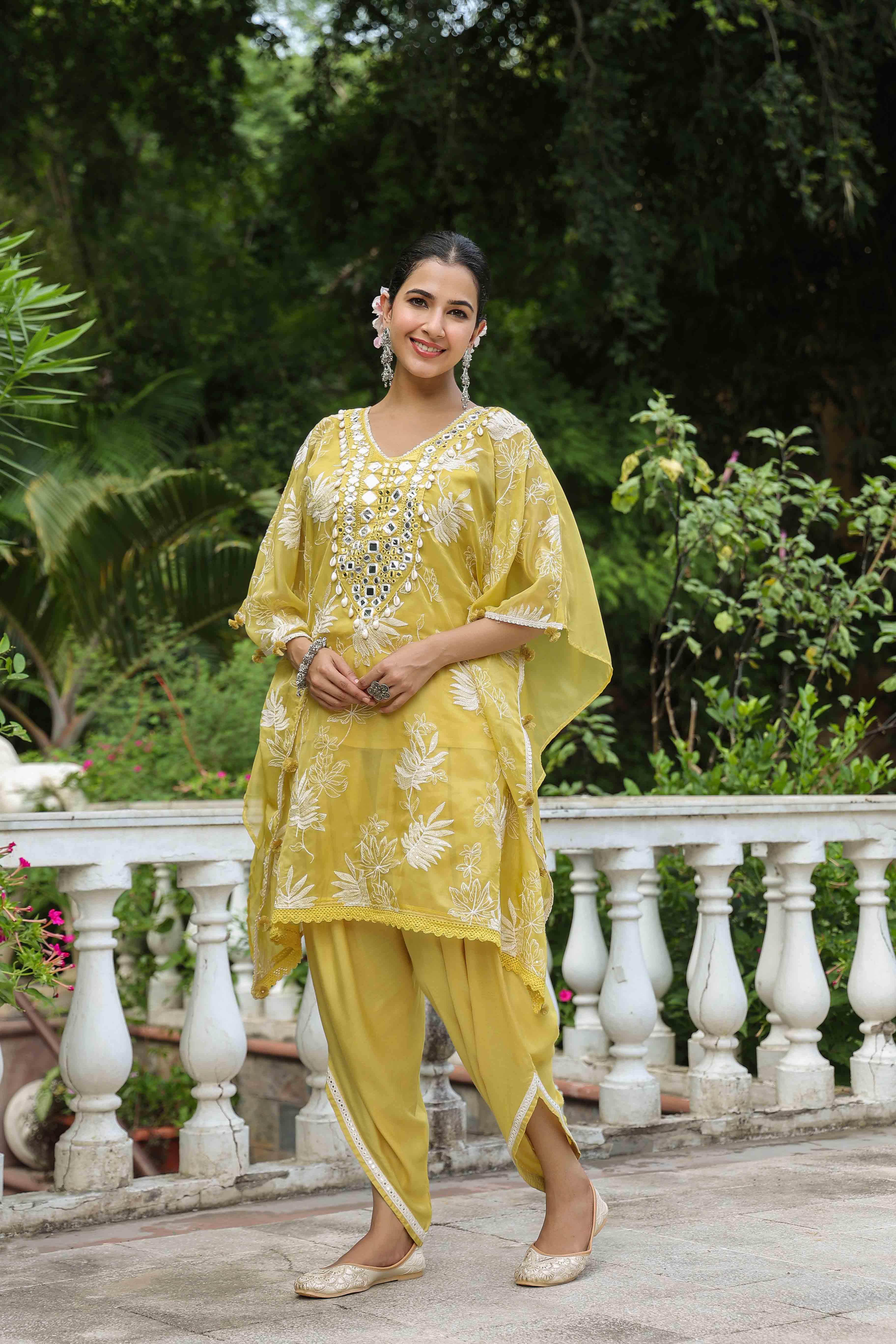 Mustard Organza Embroidered Kaftan Set With Potli Bag