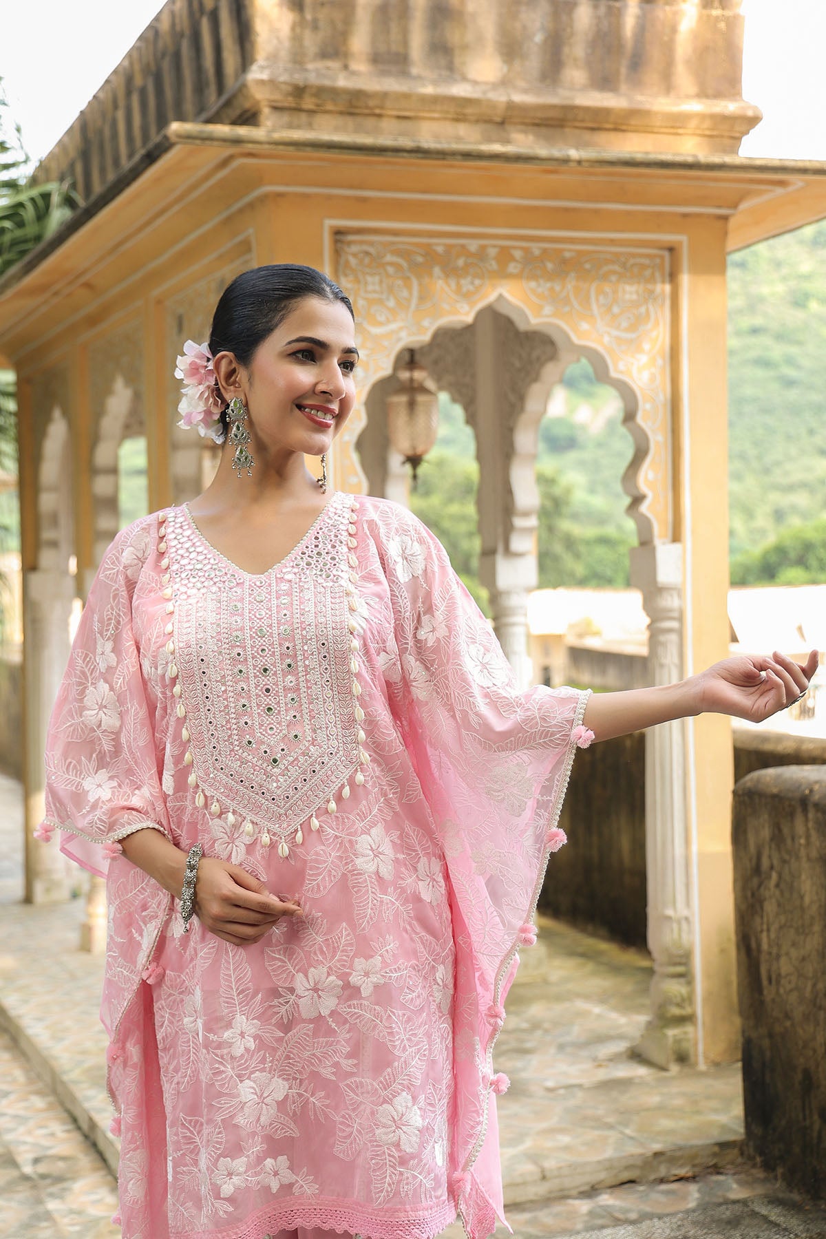 Pink Organza Embroidered Kaftan Set With Potli Bag