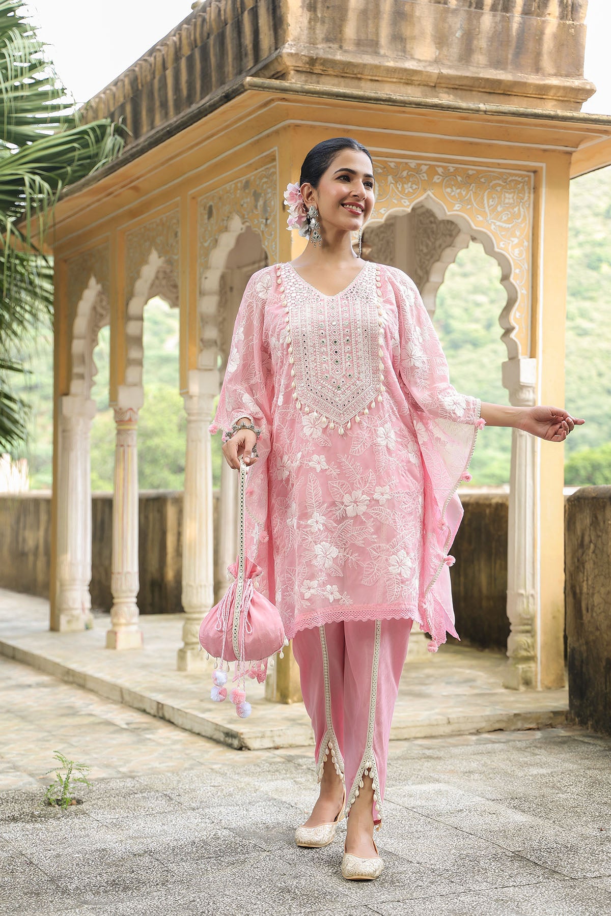 Pink Organza Embroidered Kaftan Set With Potli Bag