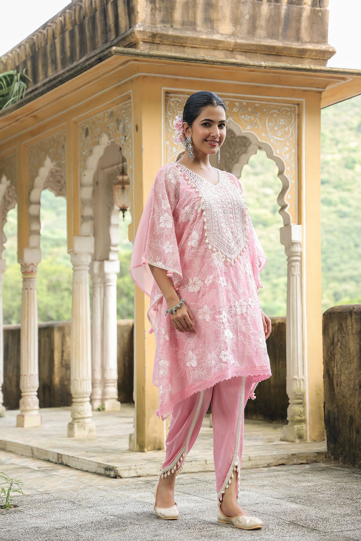 Pink Organza Embroidered Kaftan Set With Potli Bag